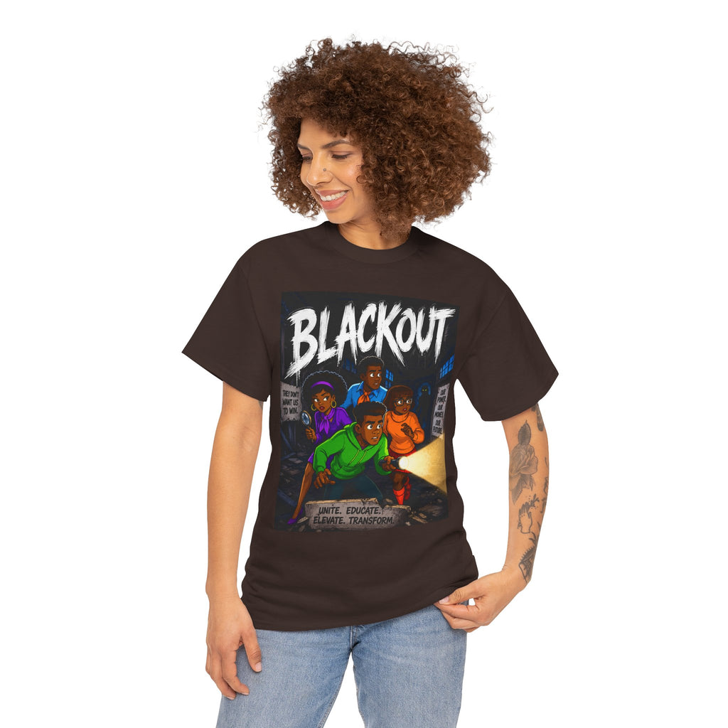 Blackout Graphic Tee — Urban Comic Poster Design with Back Fist Logo
