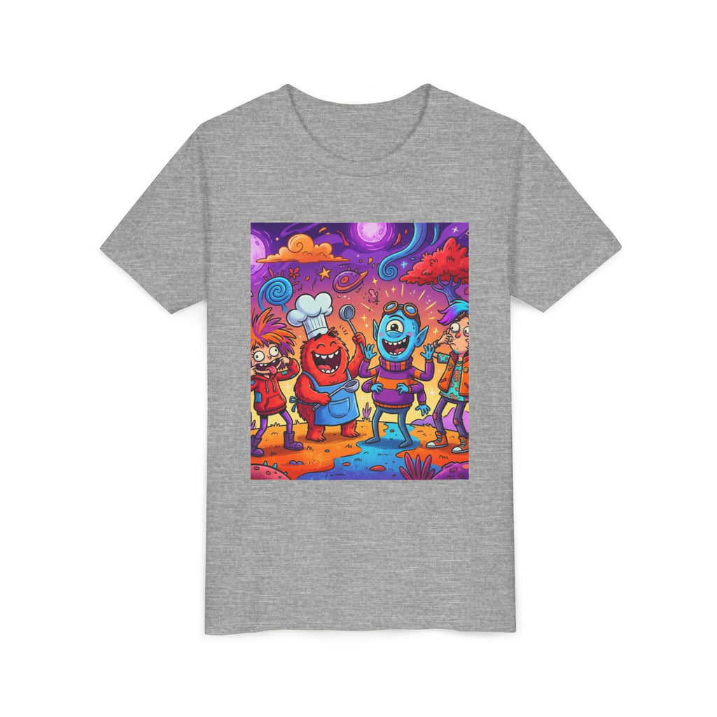Funny Character Crew Youth Tee — Colorful Crazy Faces Graphic