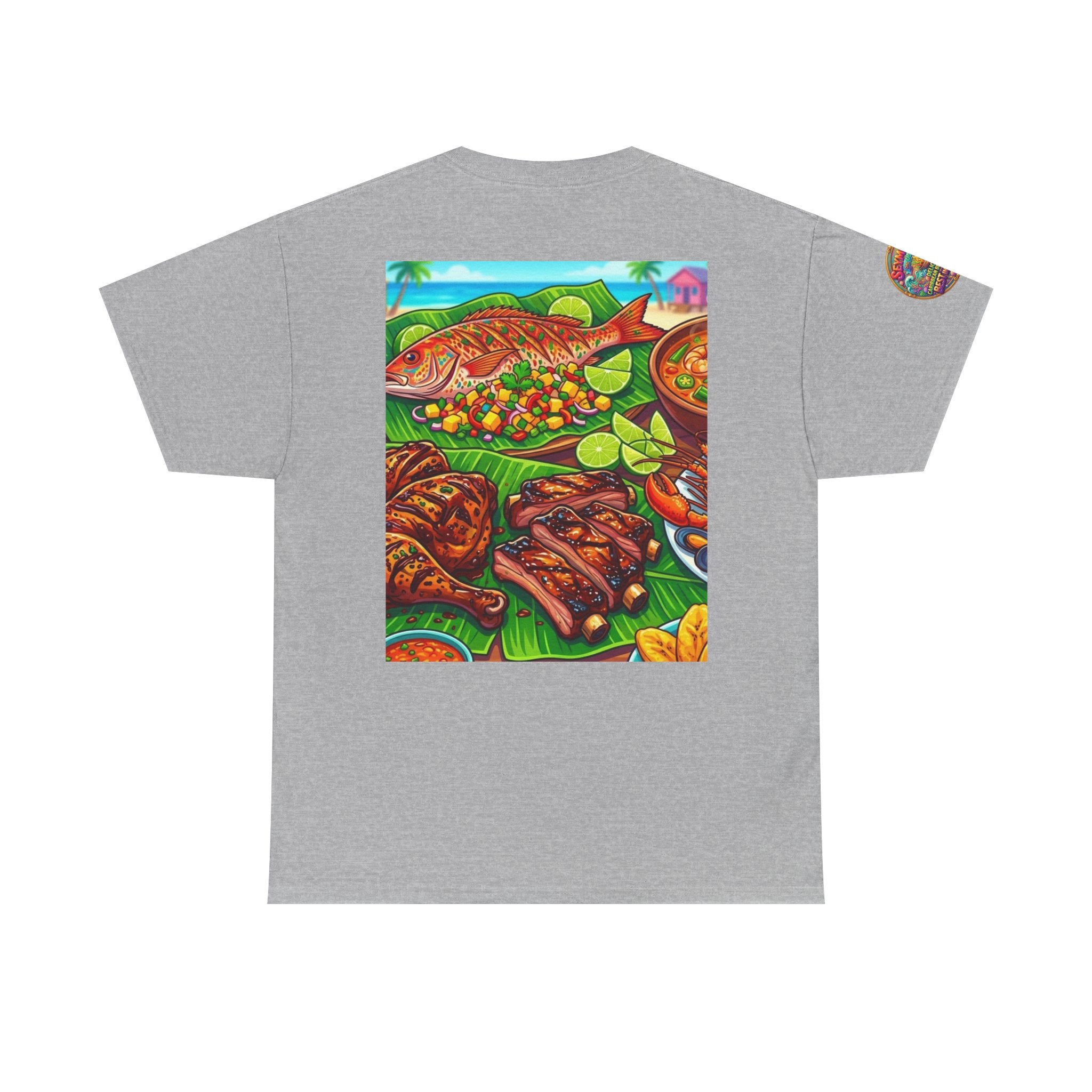 Caribbean BBQ & Seafood Tee — “Seymour’s” Vibrant Island Food Graphic T-Shirt