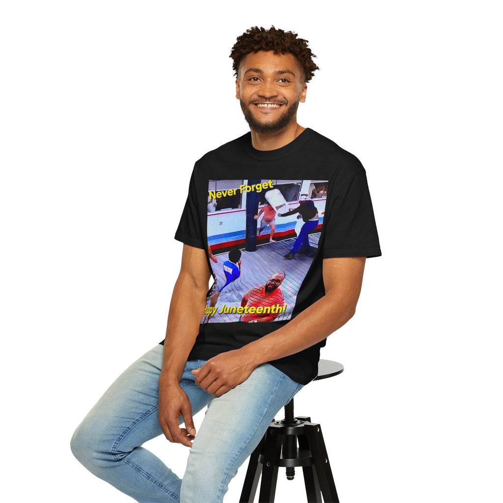 Juneteenth Protest Photo Tee — "Never Forget, Happy Juneteenth" Black T-Shirt