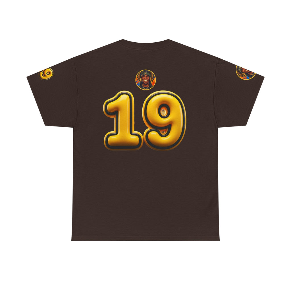 Melanated 19 Graphic Tee — Retro Script Logo & Gold Number Baseball Shirt