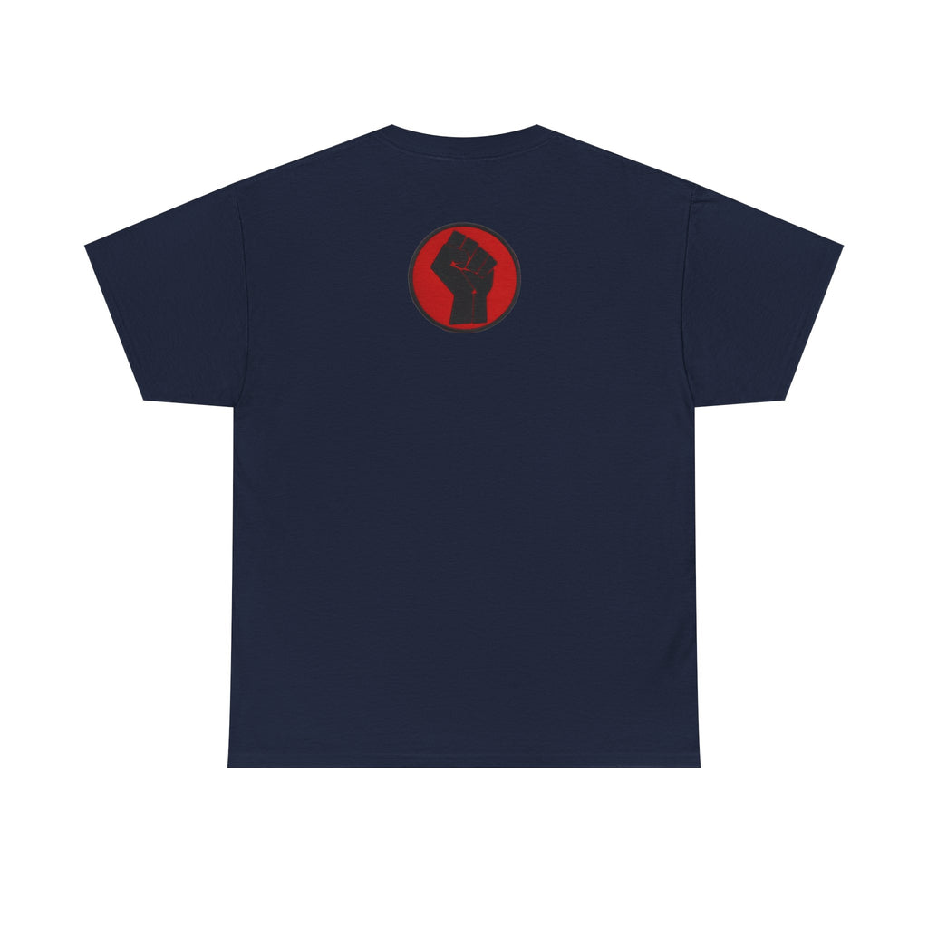 Basketball Jumpman Tee — Retro Skyline Graphic T-Shirt with Red Fist Back Emblem