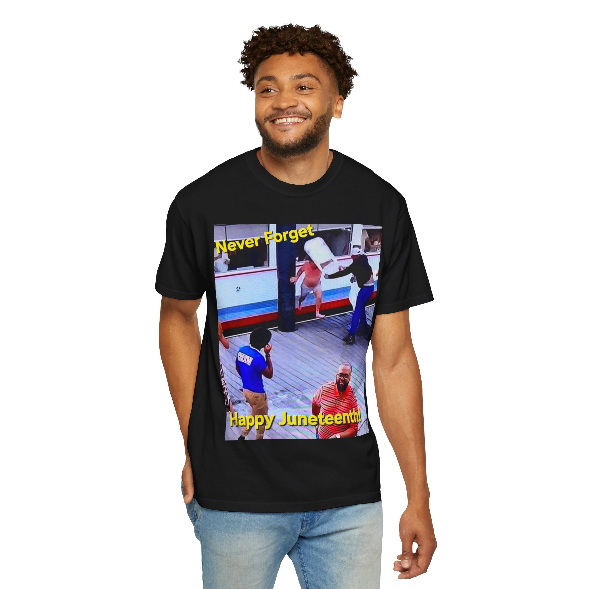 Juneteenth Protest Photo Tee — "Never Forget, Happy Juneteenth" Black T-Shirt