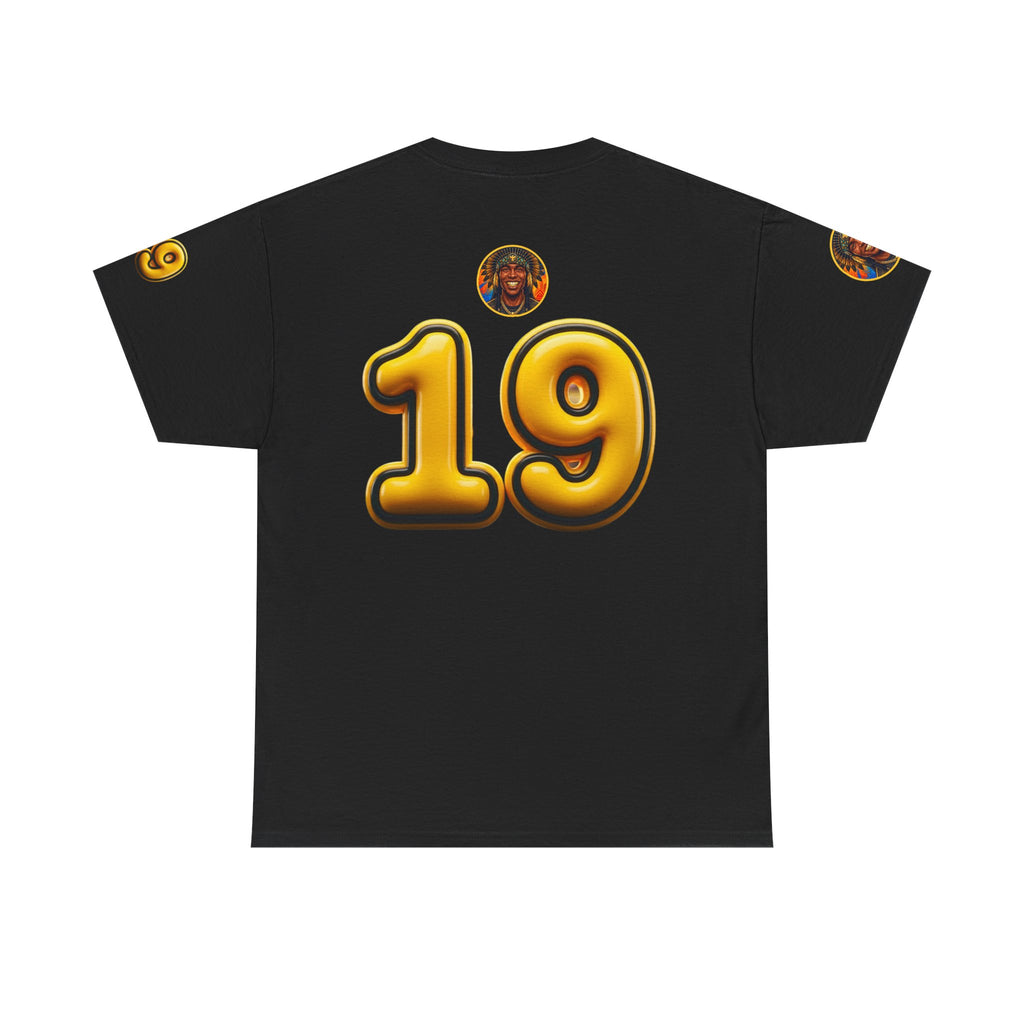 Melanated 19 Graphic Tee — Retro Script Logo & Gold Number Baseball Shirt