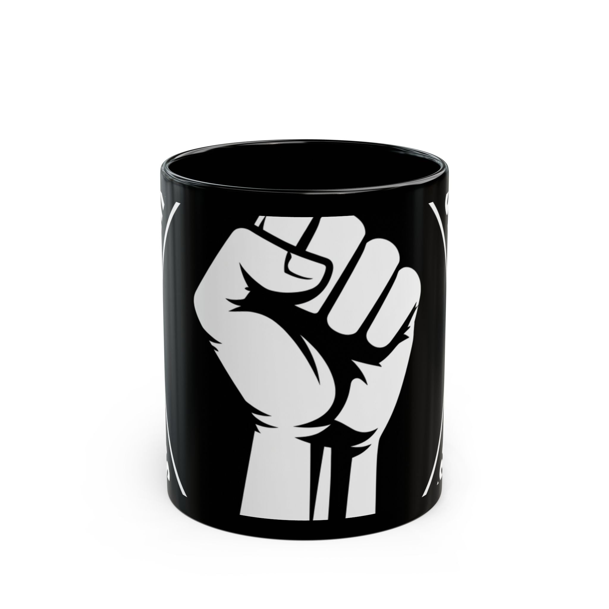 Solidarity Fist Mug — Black Coffee Cup with Raised Fist Design