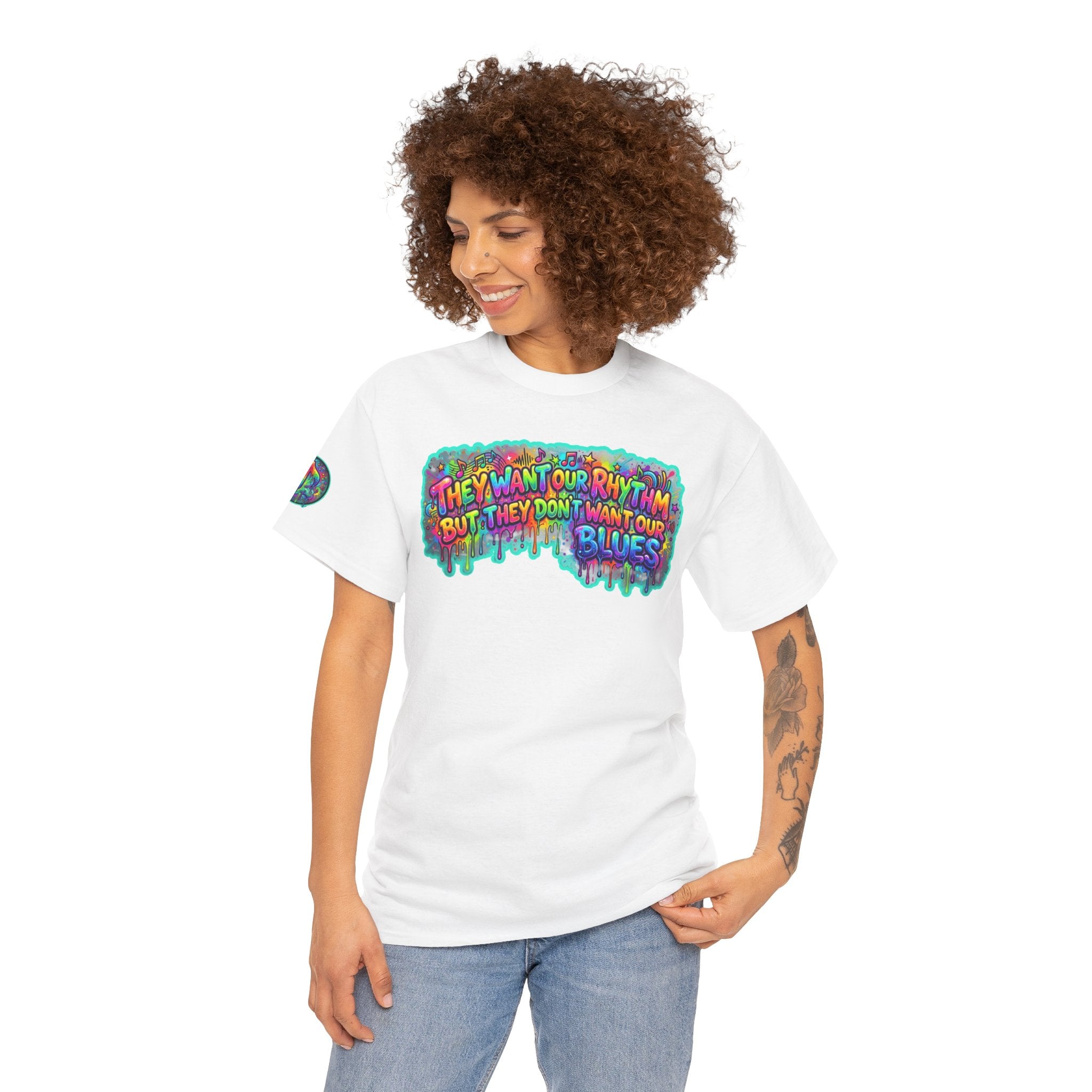 Music Vibes Tee — “They Want Our Rhythm But They Don’t Want Our Blues” Psychedelic Drip Note T-Shirt