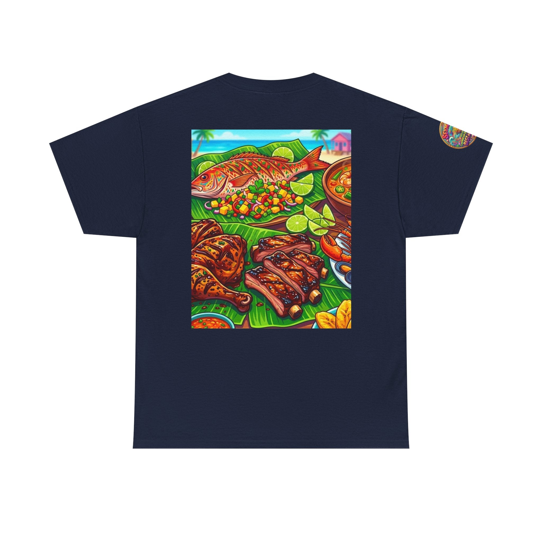 Caribbean BBQ & Seafood Tee — “Seymour’s” Vibrant Island Food Graphic T-Shirt