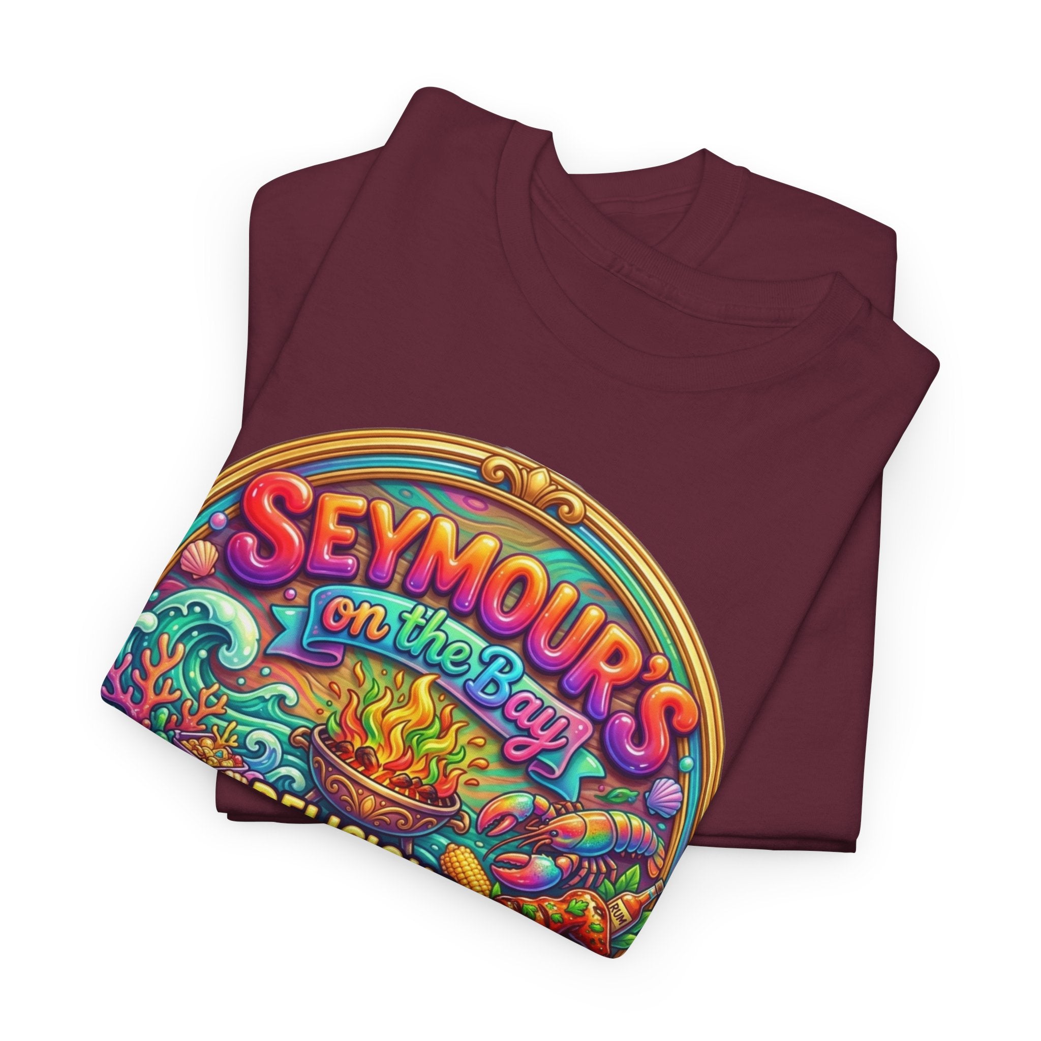 Caribbean BBQ & Seafood Tee — “Seymour’s” Vibrant Island Food Graphic T-Shirt