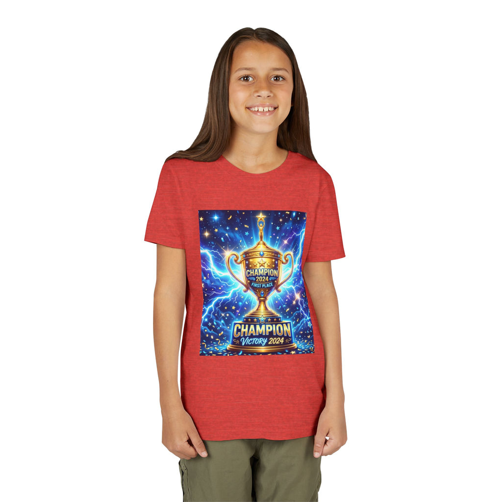 Youth Trophy Lightning Tee — Winning Kids' Short Sleeve Shirt with Stars & Confetti