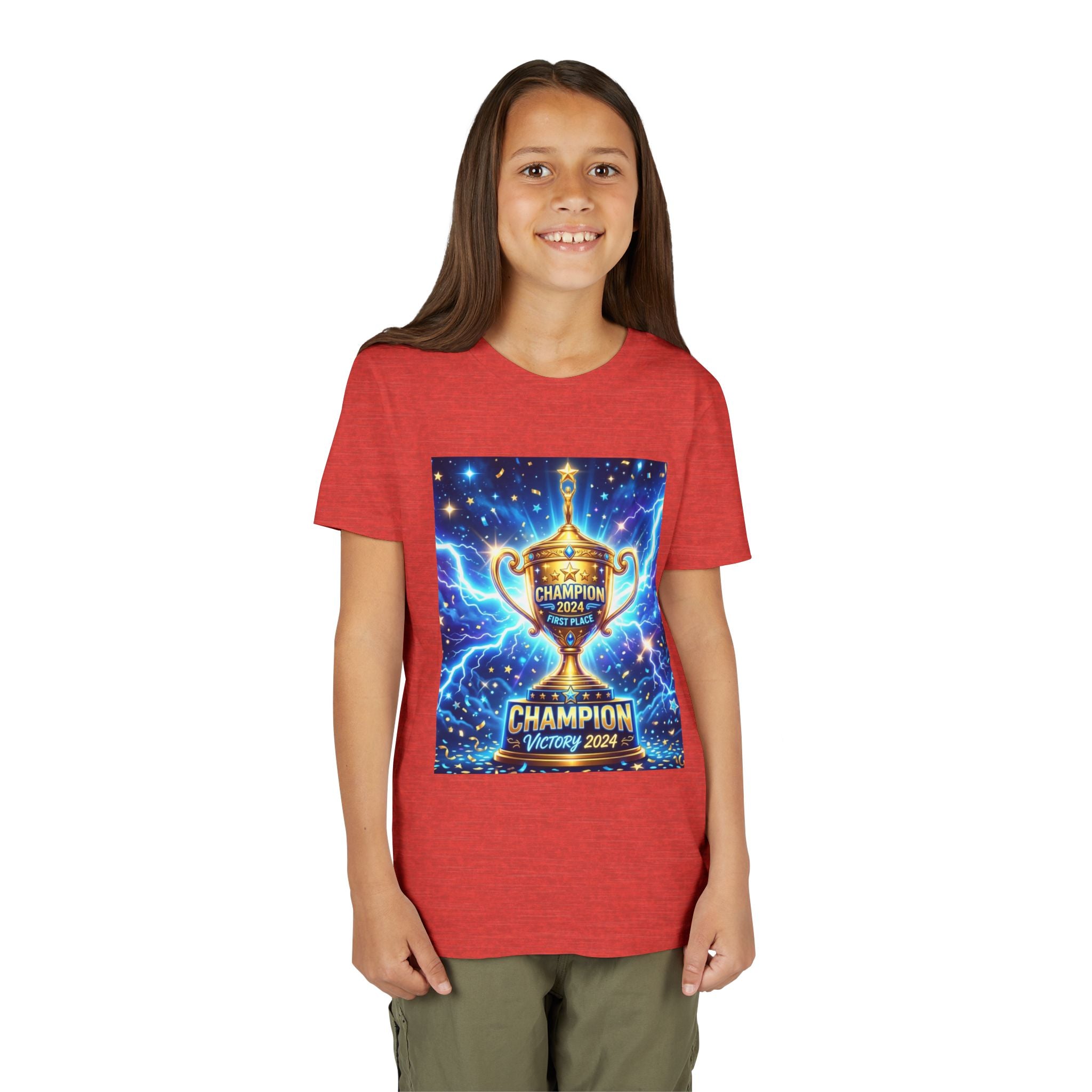 Youth Trophy Lightning Tee — Winning Kids' Short Sleeve Shirt with Stars & Confetti