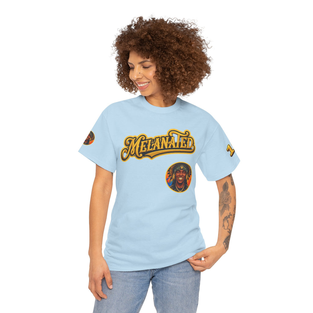 Melanated 19 Graphic Tee — Retro Script Logo & Gold Number Baseball Shirt
