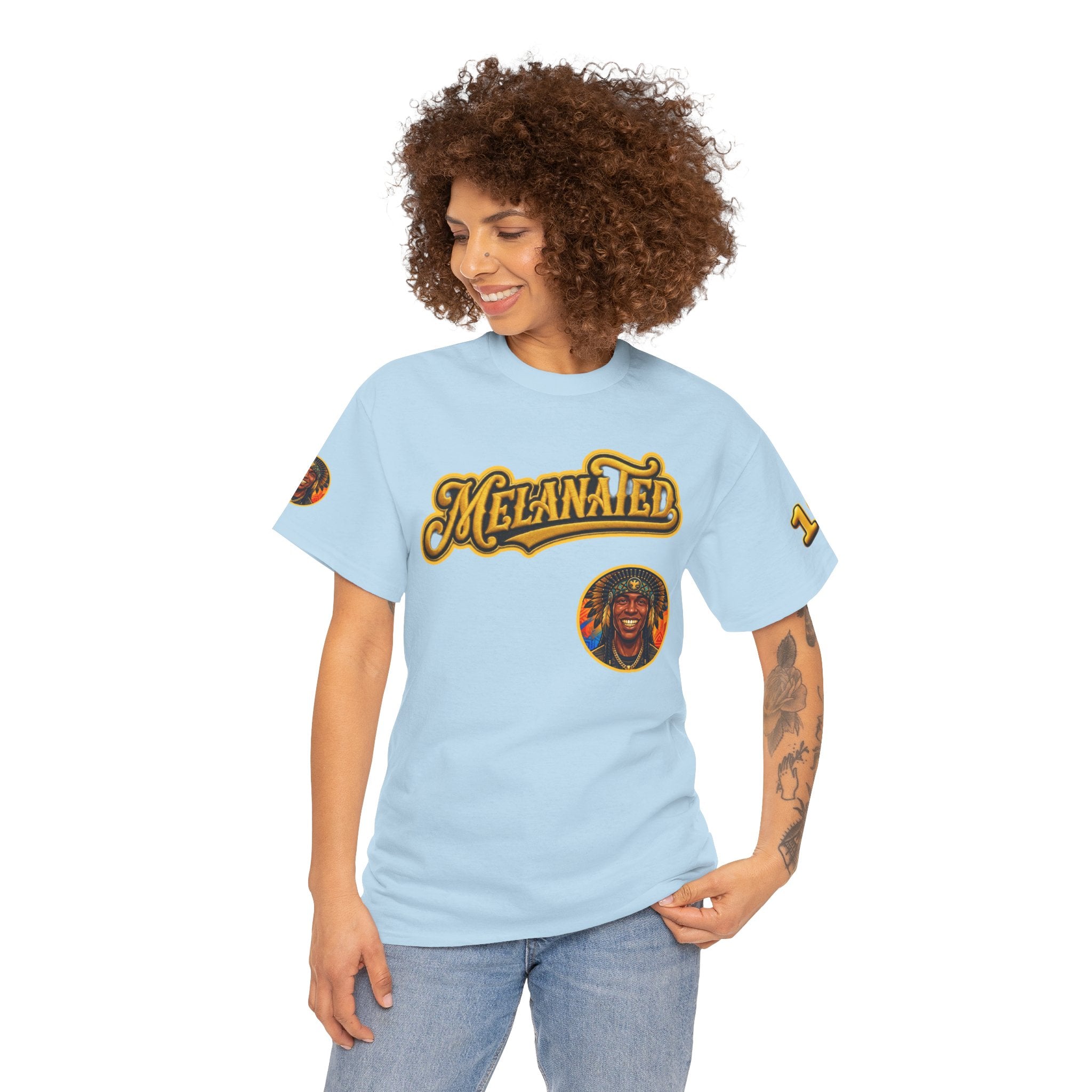 Melanated 19 Graphic Tee — Retro Script Logo & Gold Number Baseball Shirt