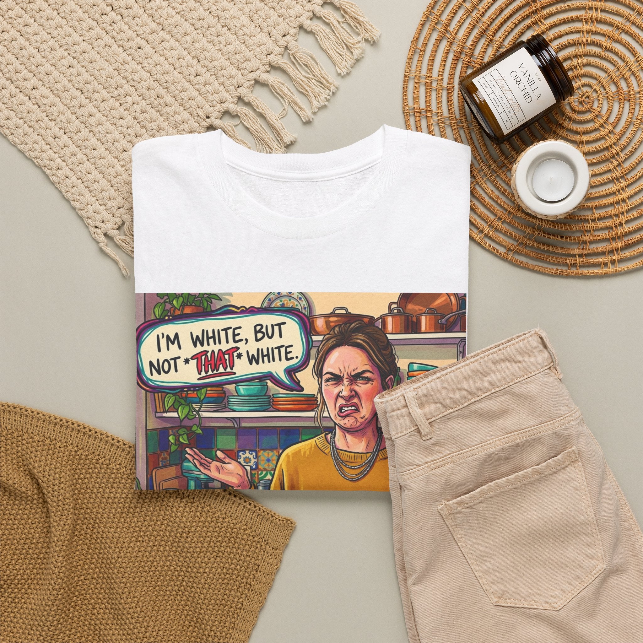 Graphic Tee — "I'm White, But Not THAT White" Illustration with Back Raised Fist Logo