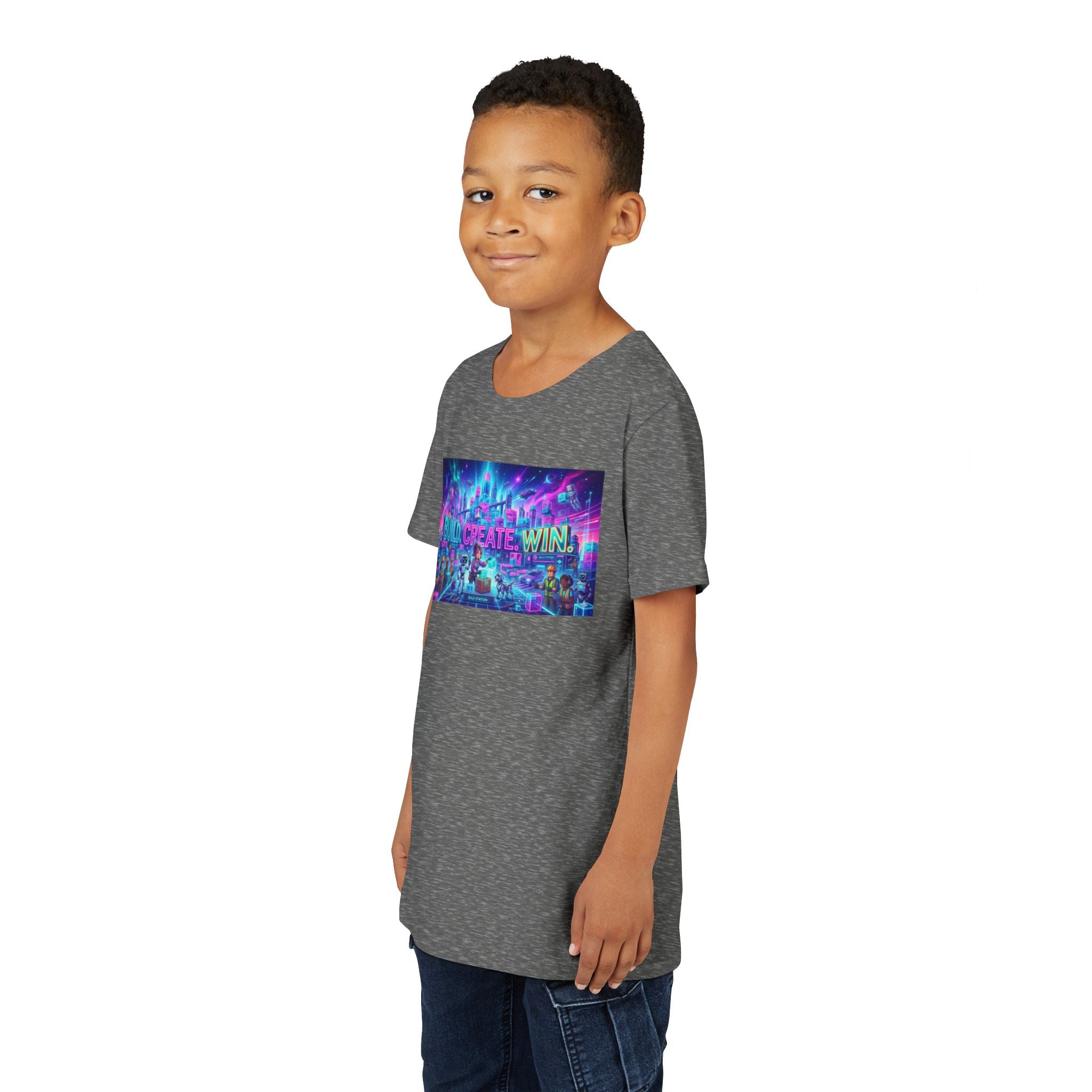 Youth Tee — “BUILD. CREATE. WIN.” Neon Builder City Design