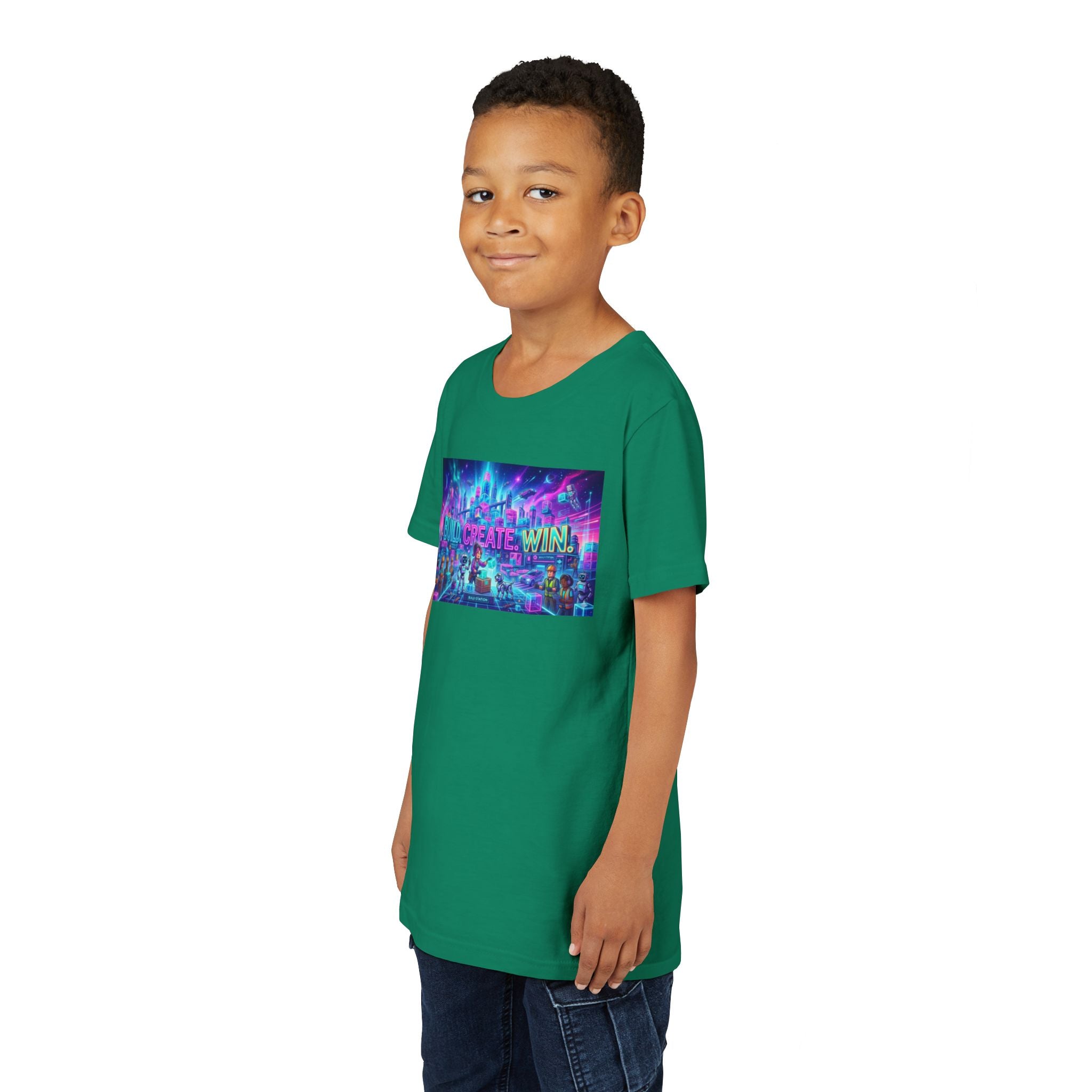 Youth Tee — “BUILD. CREATE. WIN.” Neon Builder City Design