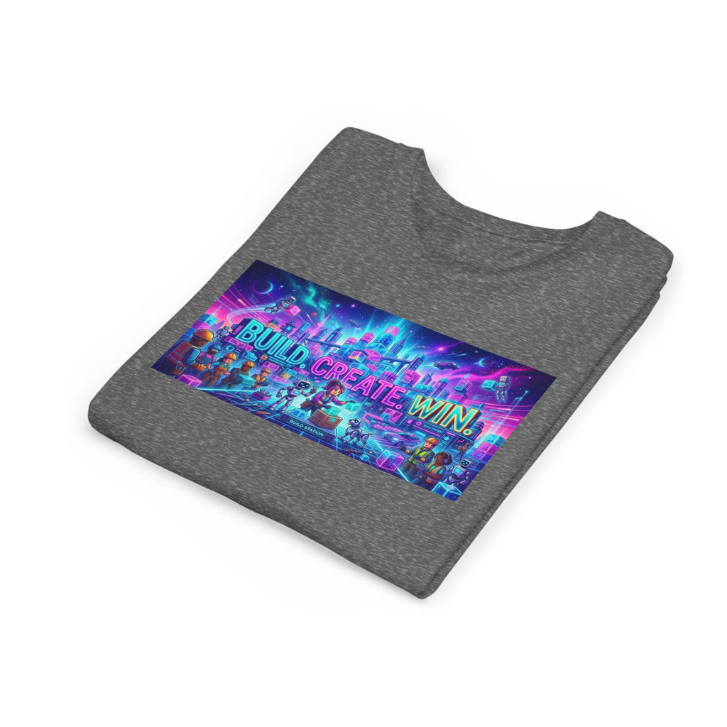 Youth Tee — “BUILD. CREATE. WIN.” Neon Builder City Design