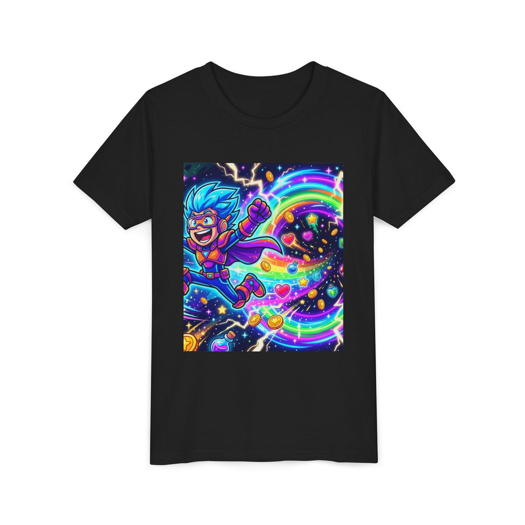 Retro Pixel Explosion Youth Tee — Smiling Avatar, Hearts, Gems & Controllers