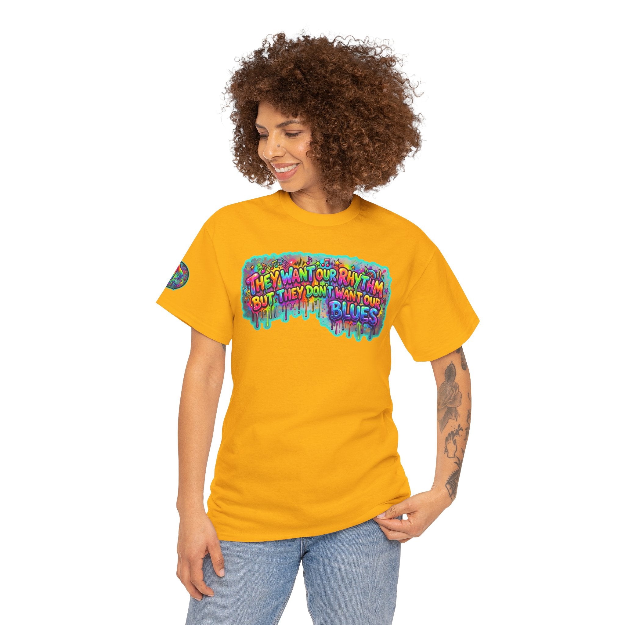 Music Vibes Tee — “They Want Our Rhythm But They Don’t Want Our Blues” Psychedelic Drip Note T-Shirt