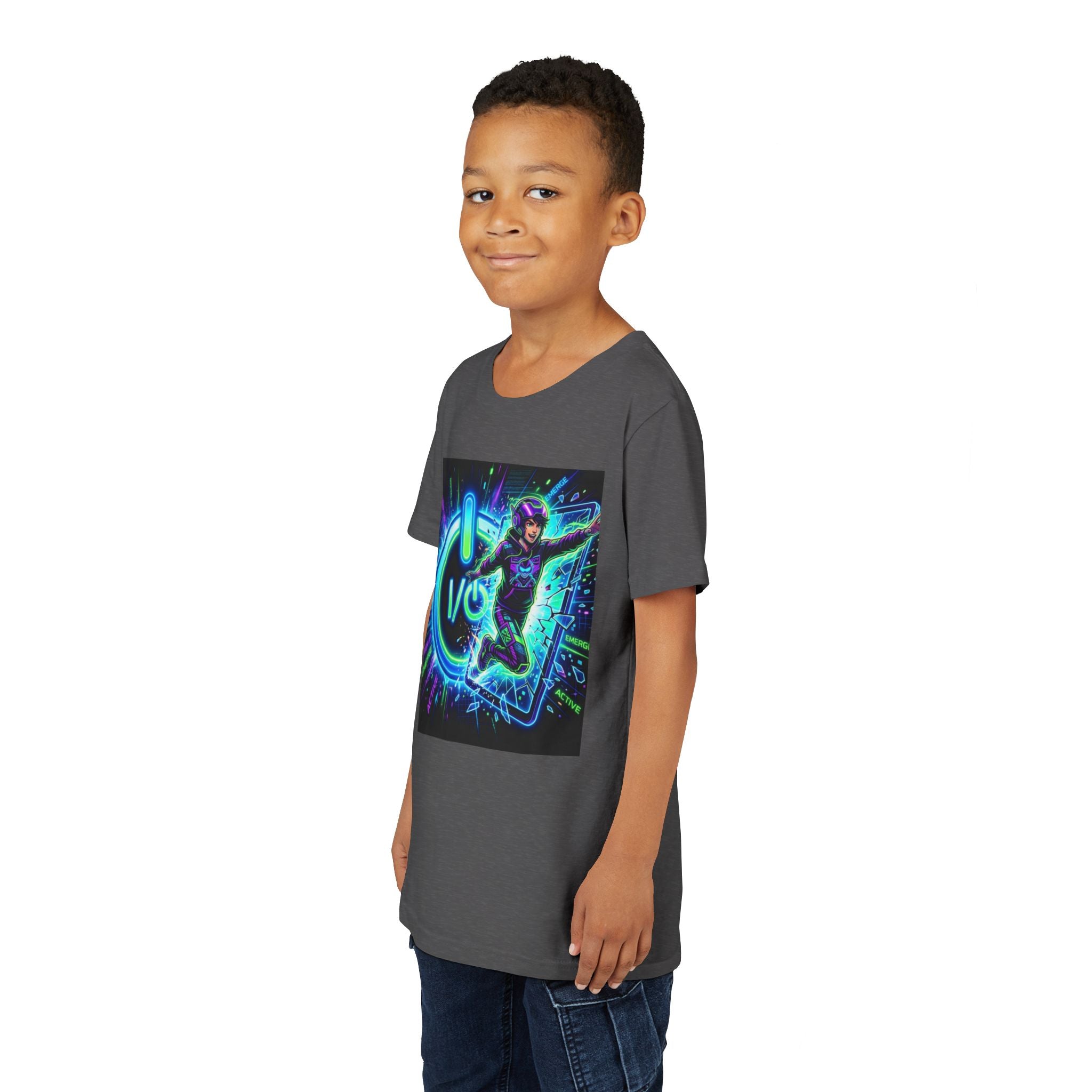 Neon Power Button Tee — Gamer Screen Escape Youth T-Shirt