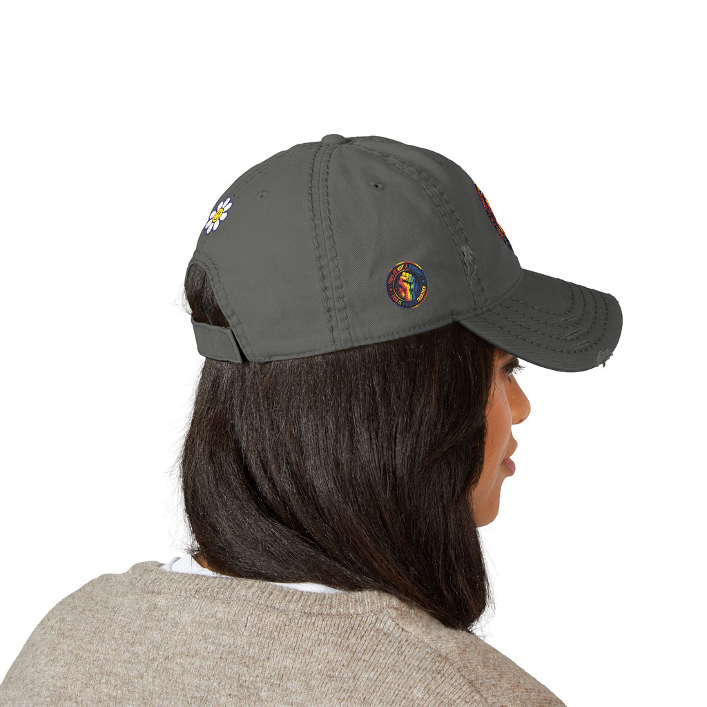 Distressed Embroidered Dad Hat — Retro Rainbow Fist & Smiley Daisy Cap