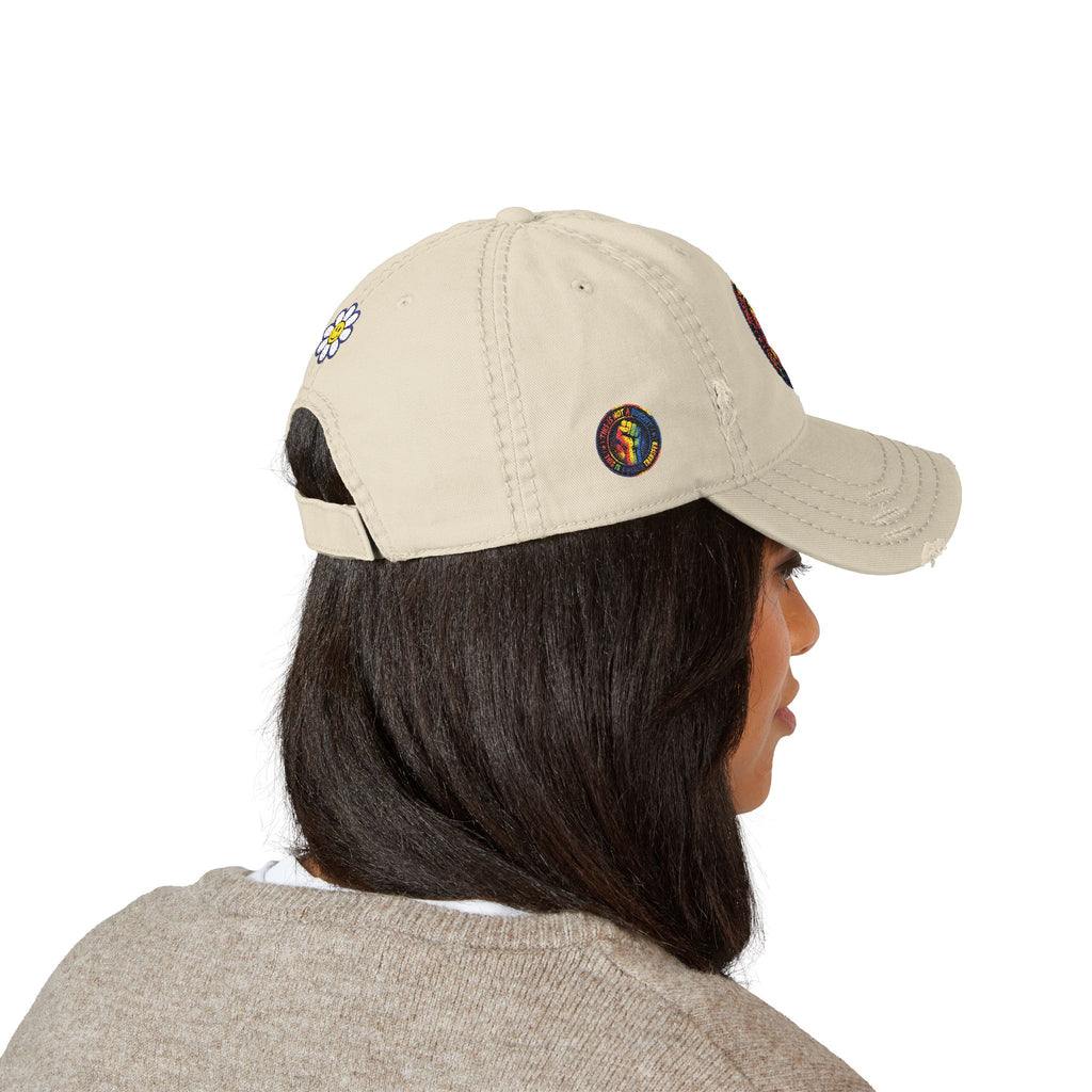 Distressed Embroidered Dad Hat — Retro Rainbow Fist & Smiley Daisy Cap
