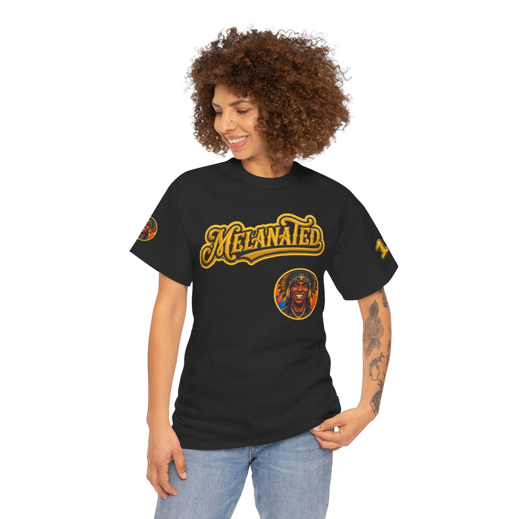 Melanated 19 Graphic Tee — Retro Script Logo & Gold Number Baseball Shirt