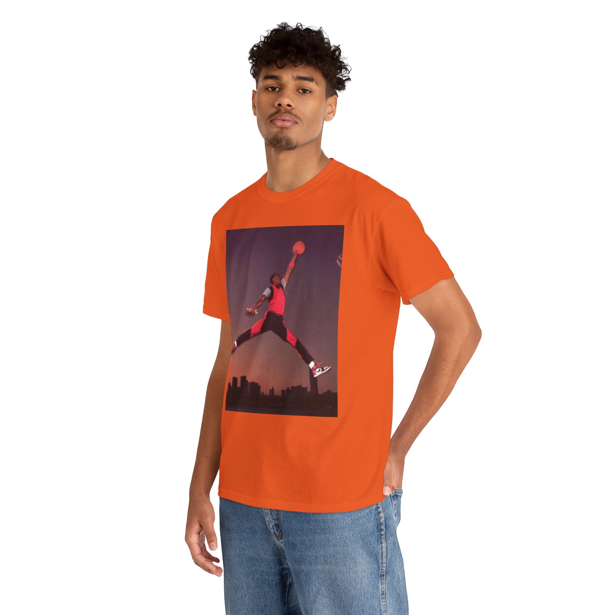 Basketball Jumpman Tee — Retro Skyline Graphic T-Shirt with Red Fist Back Emblem