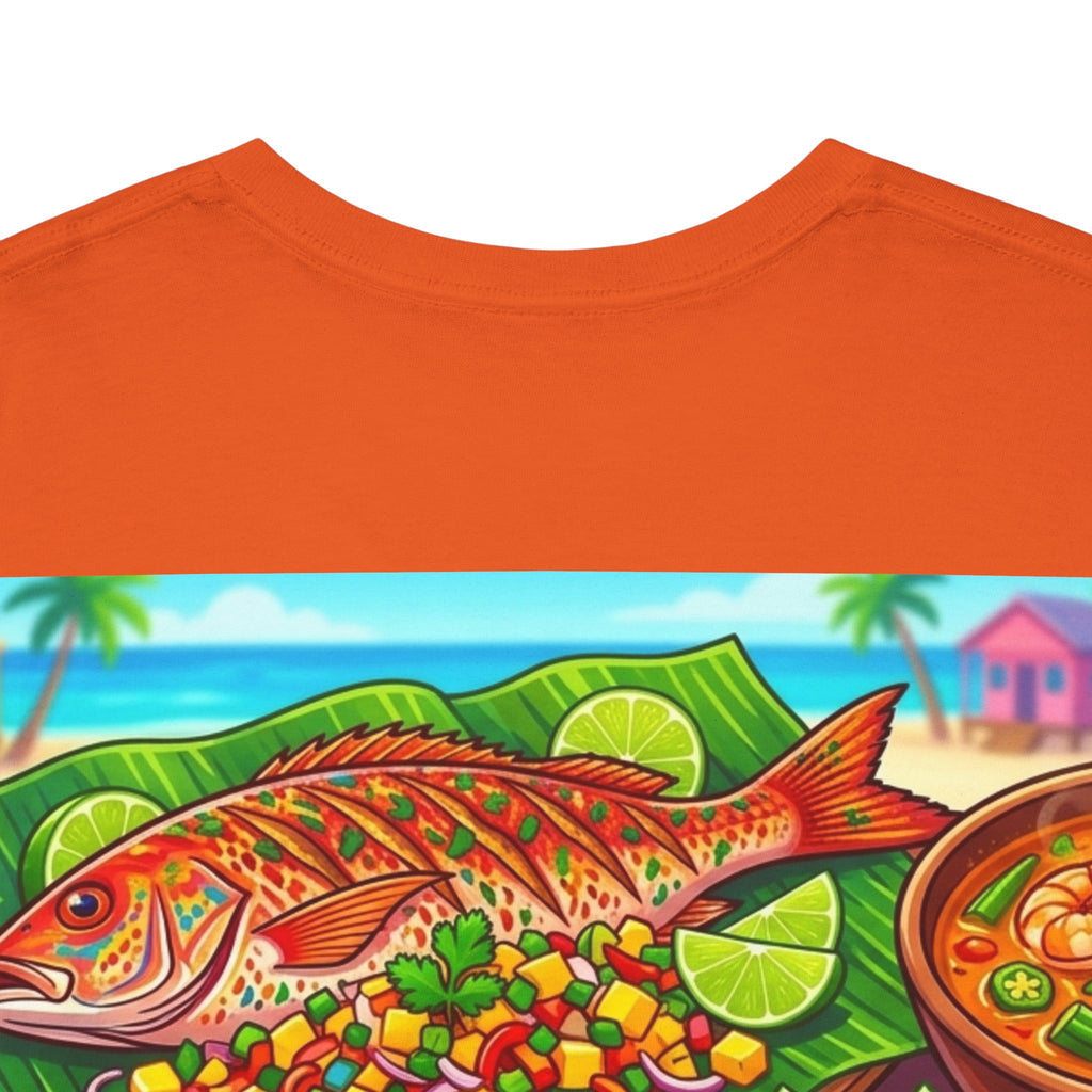 Caribbean BBQ & Seafood Tee — “Seymour’s” Vibrant Island Food Graphic T-Shirt
