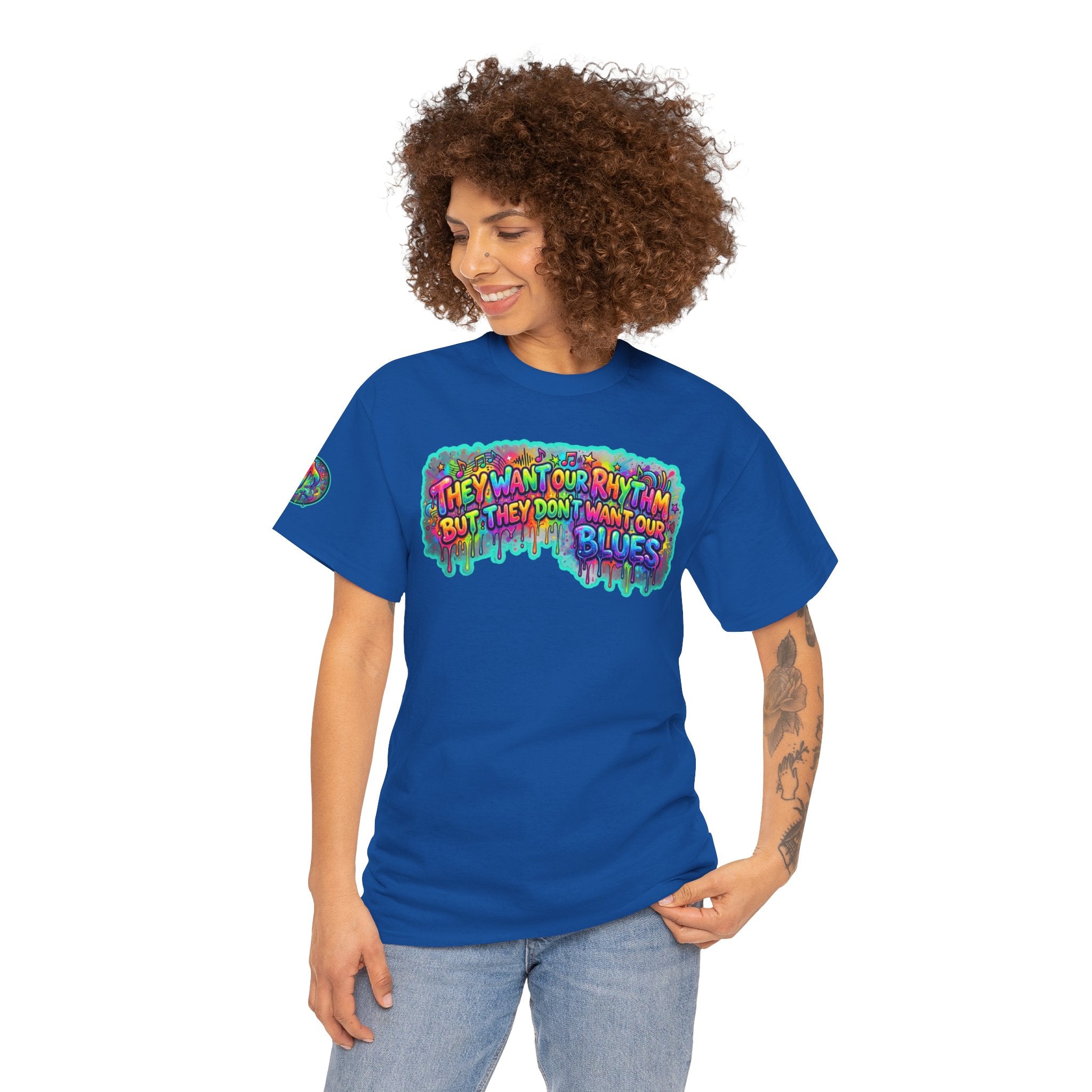 Music Vibes Tee — “They Want Our Rhythm But They Don’t Want Our Blues” Psychedelic Drip Note T-Shirt