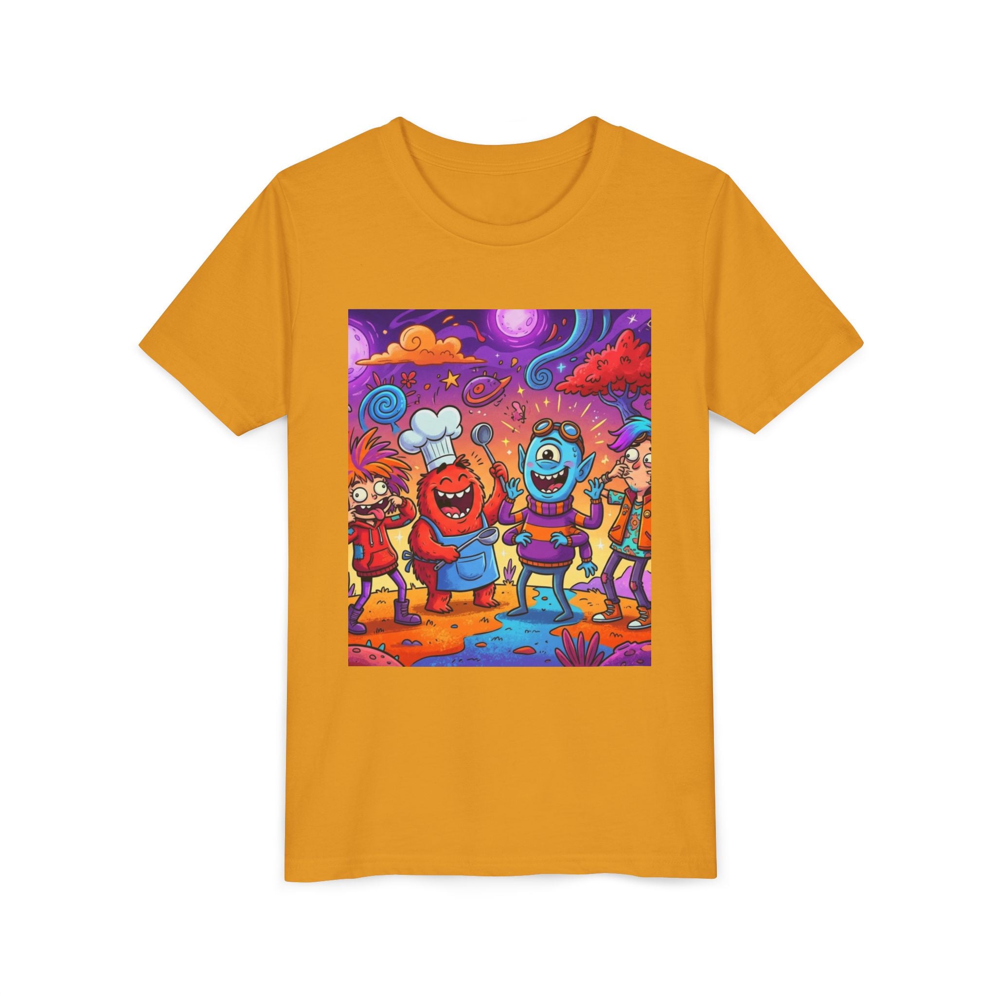 Funny Character Crew Youth Tee — Colorful Crazy Faces Graphic