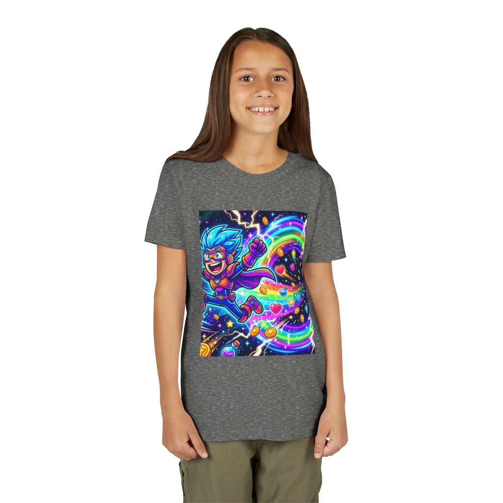 Retro Pixel Explosion Youth Tee — Smiling Avatar, Hearts, Gems & Controllers