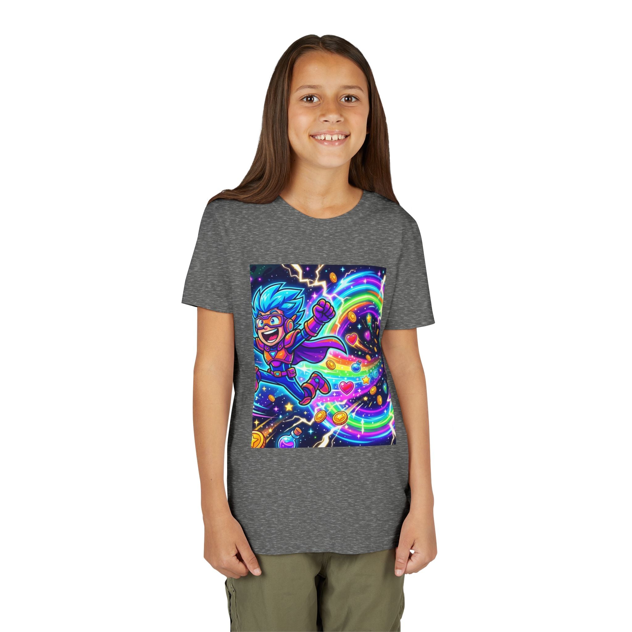 Retro Pixel Explosion Youth Tee — Smiling Avatar, Hearts, Gems & Controllers