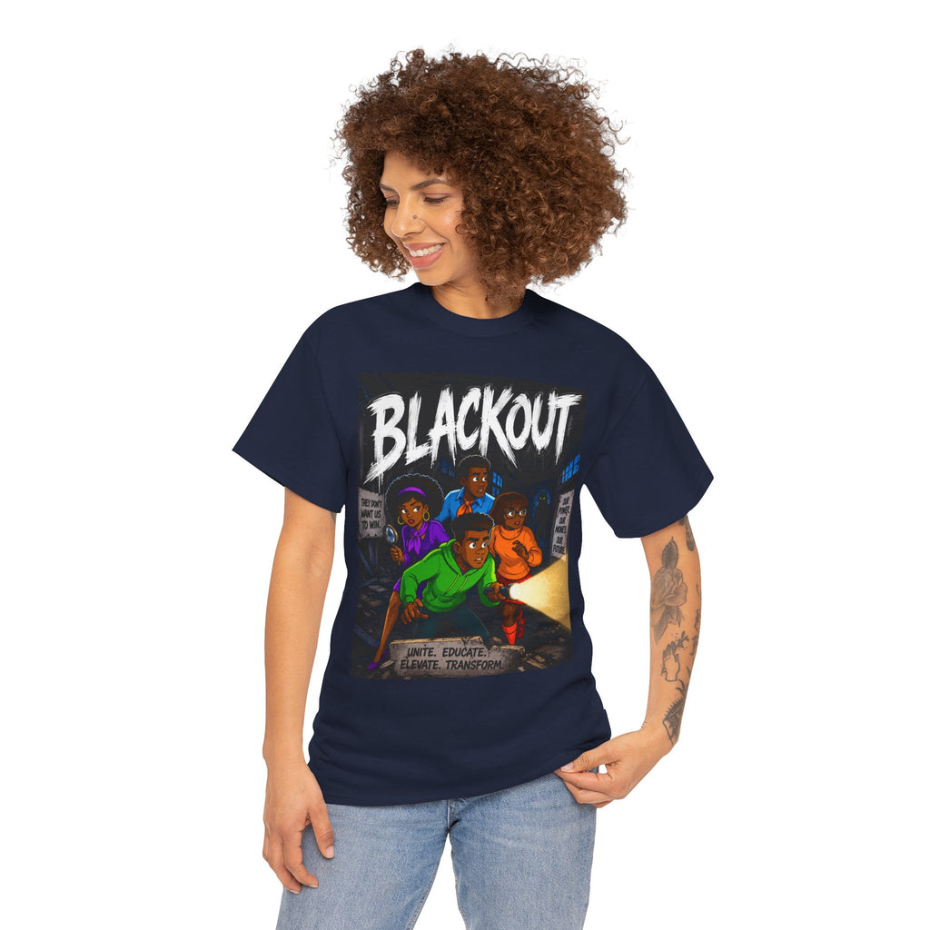 Blackout Graphic Tee — Urban Comic Poster Design with Back Fist Logo