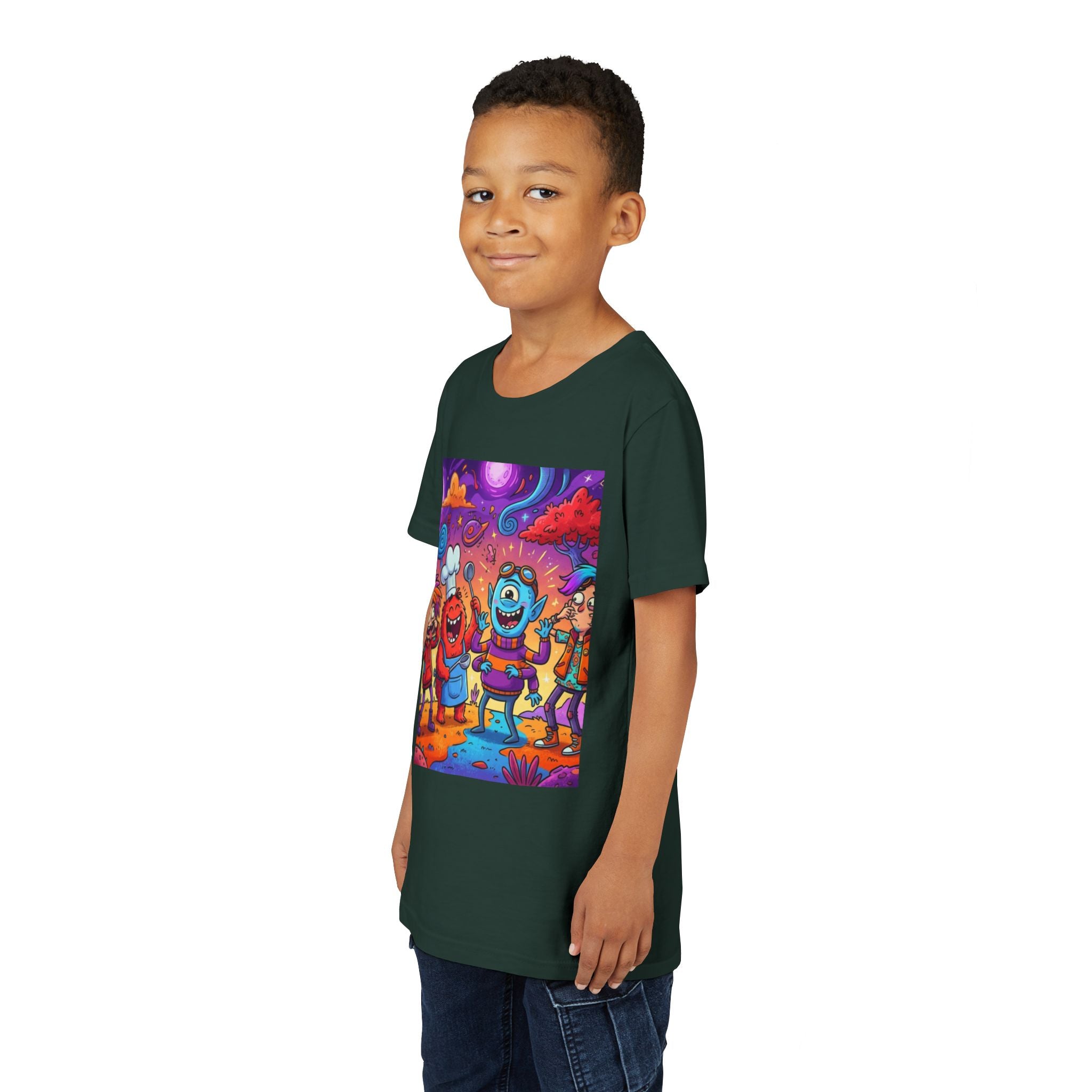 Funny Character Crew Youth Tee — Colorful Crazy Faces Graphic