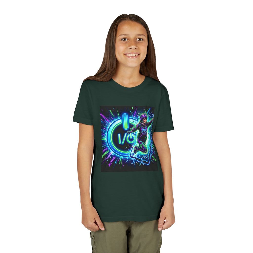 Neon Power Button Tee — Gamer Screen Escape Youth T-Shirt
