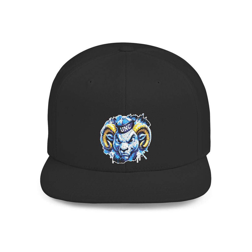 Ram Head Snapback Hat — Blue & Gold Embroidered Flat-Bill Cap