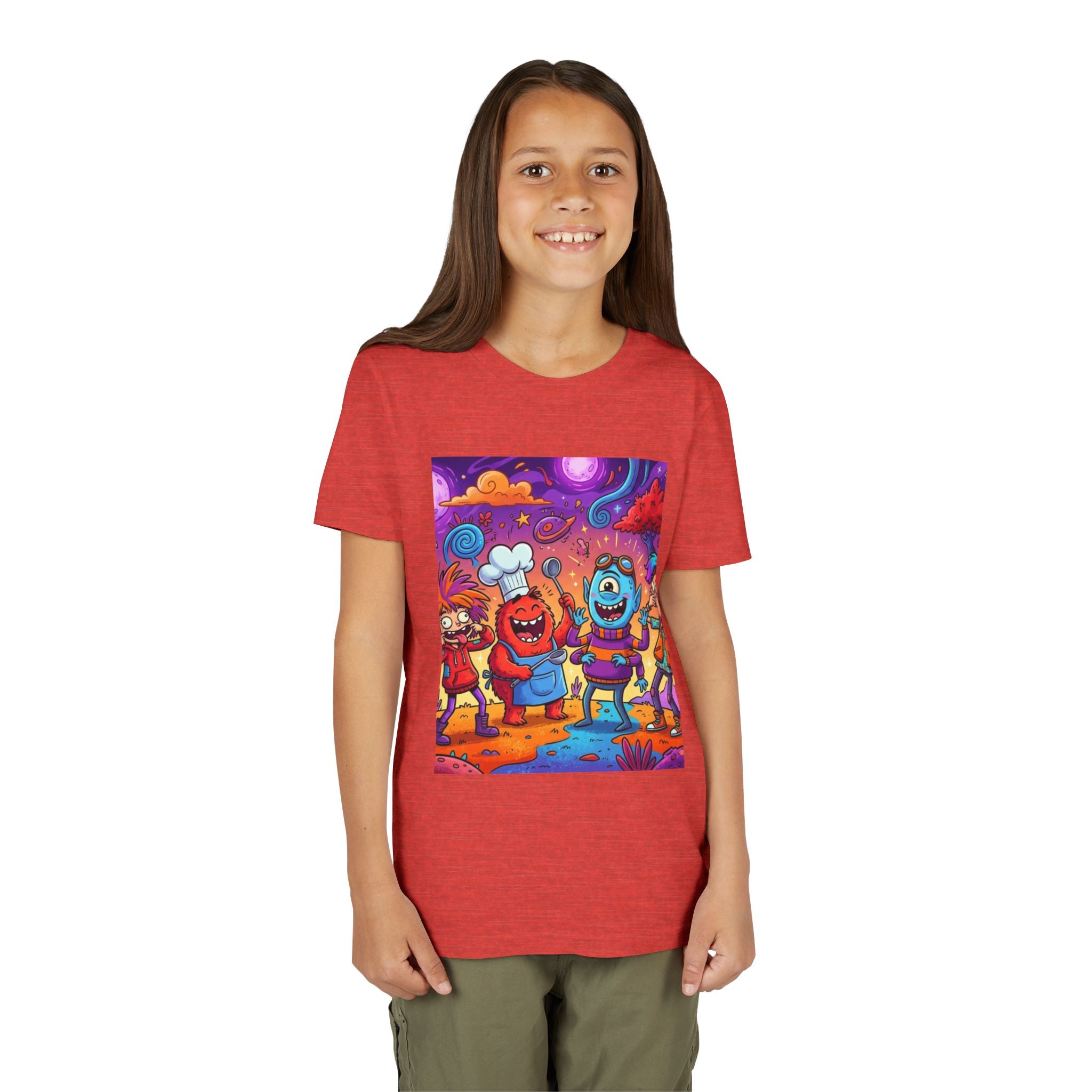 Funny Character Crew Youth Tee — Colorful Crazy Faces Graphic