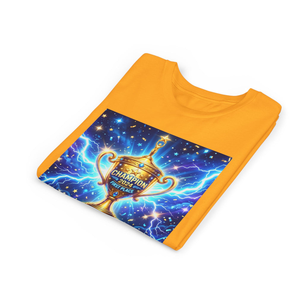 Youth Trophy Lightning Tee — Winning Kids' Short Sleeve Shirt with Stars & Confetti