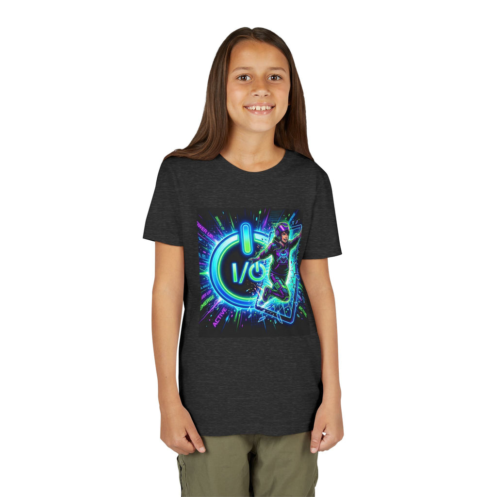 Neon Power Button Tee — Gamer Screen Escape Youth T-Shirt