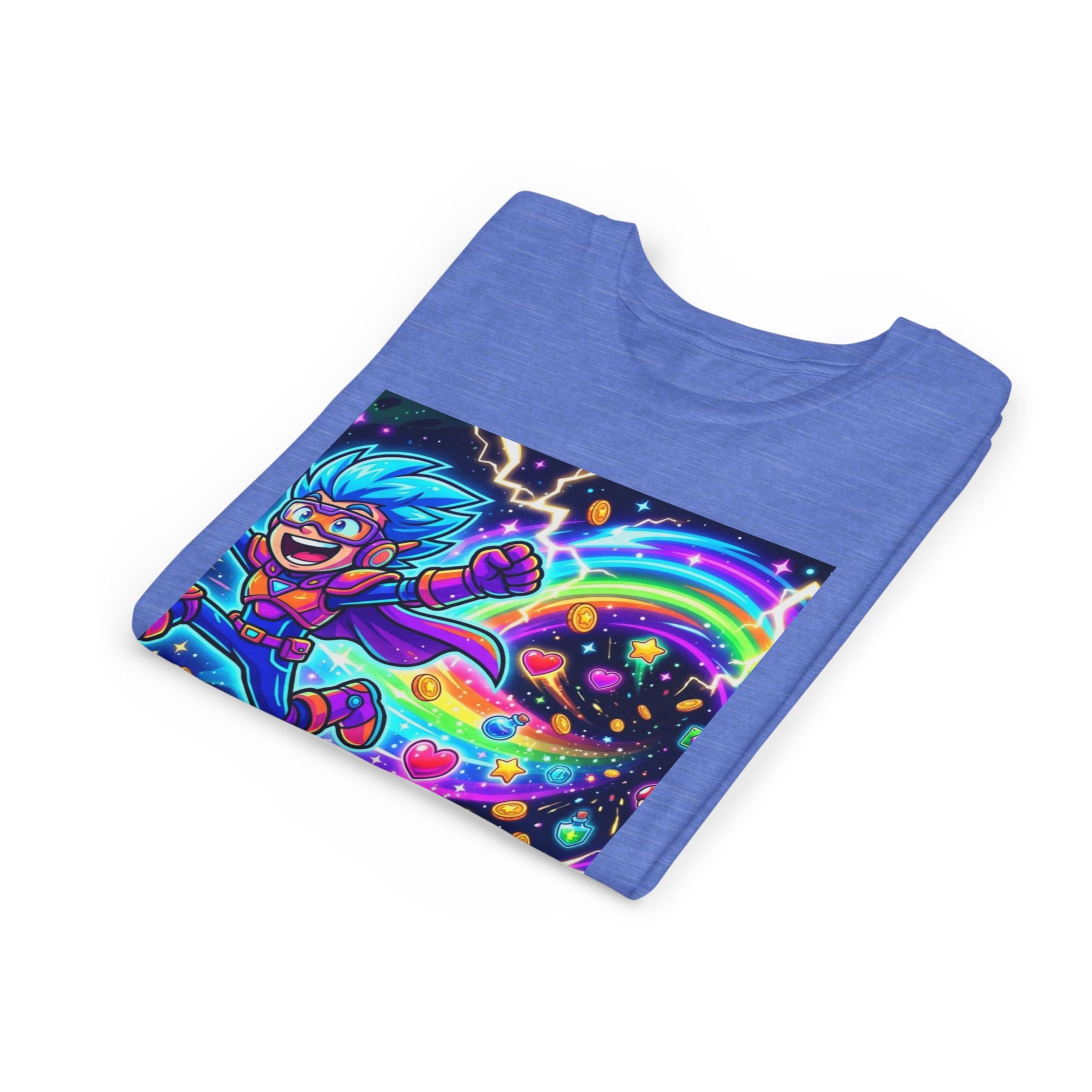 Retro Pixel Explosion Youth Tee — Smiling Avatar, Hearts, Gems & Controllers
