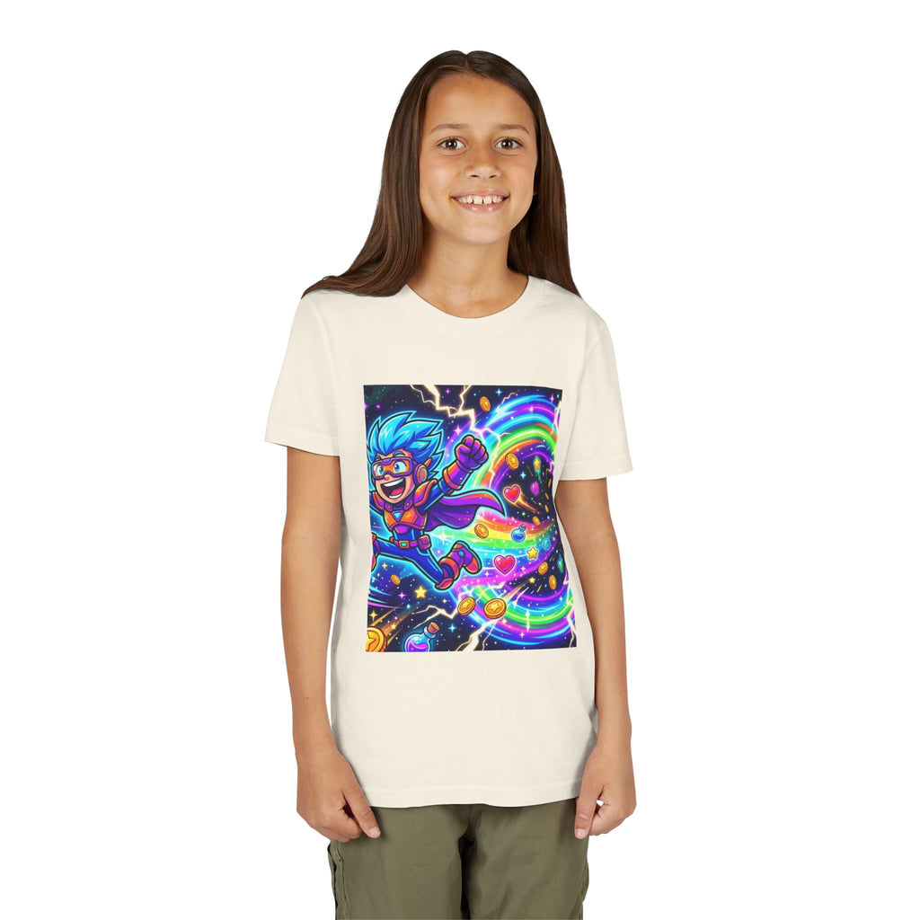 Retro Pixel Explosion Youth Tee — Smiling Avatar, Hearts, Gems & Controllers