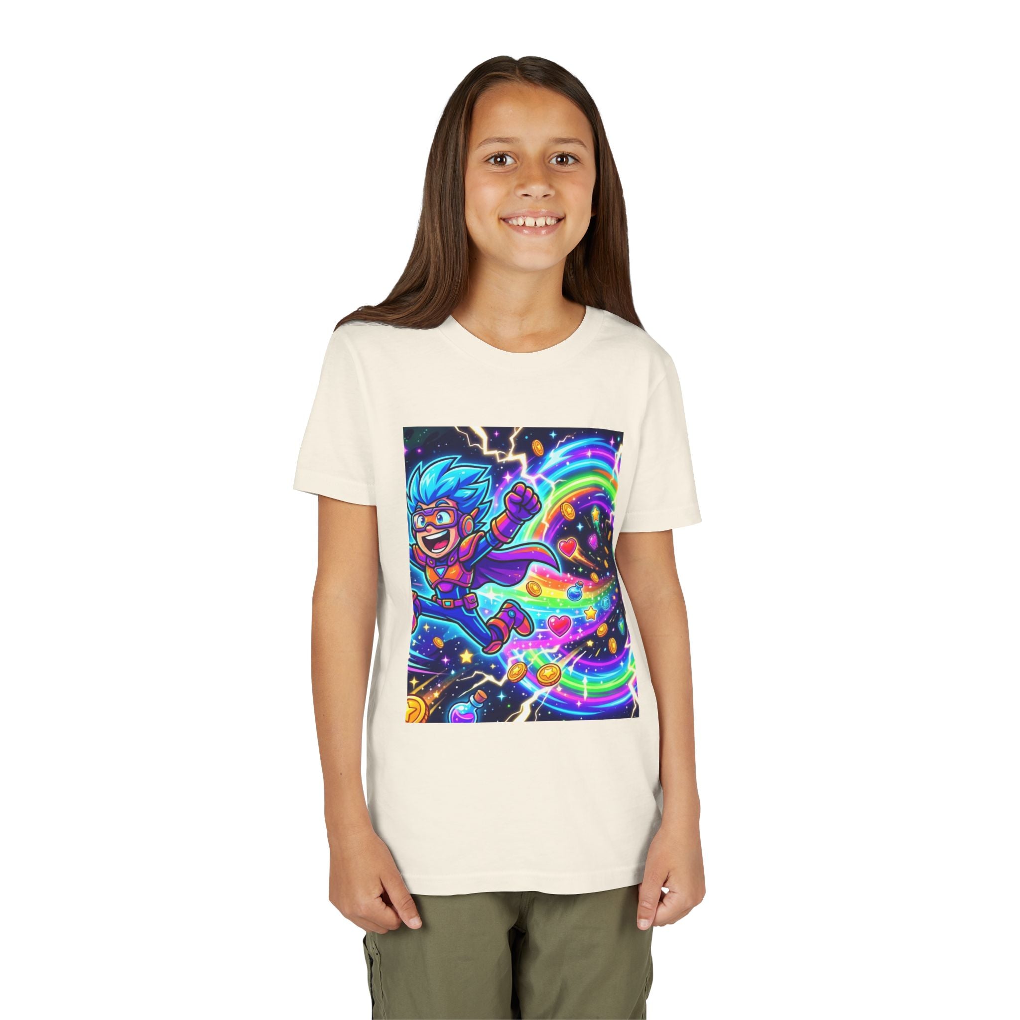 Retro Pixel Explosion Youth Tee — Smiling Avatar, Hearts, Gems & Controllers