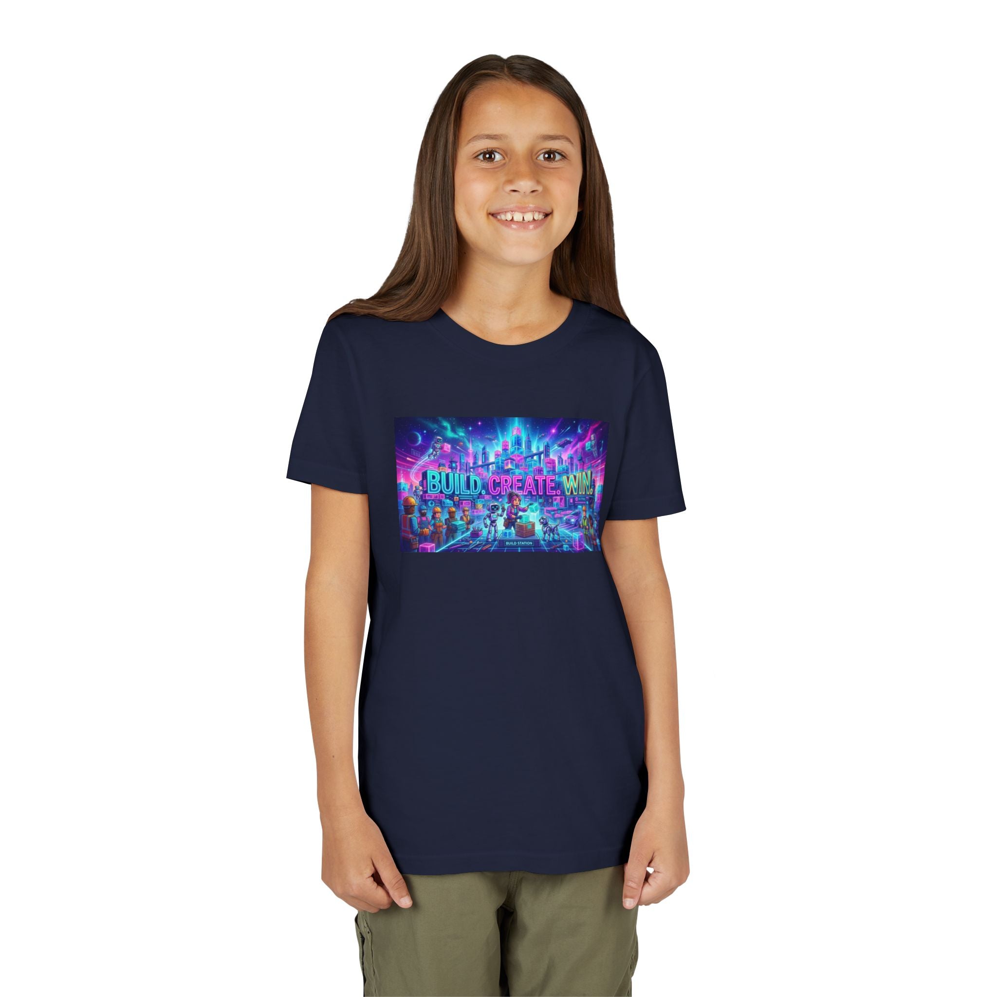 Youth Tee — “BUILD. CREATE. WIN.” Neon Builder City Design