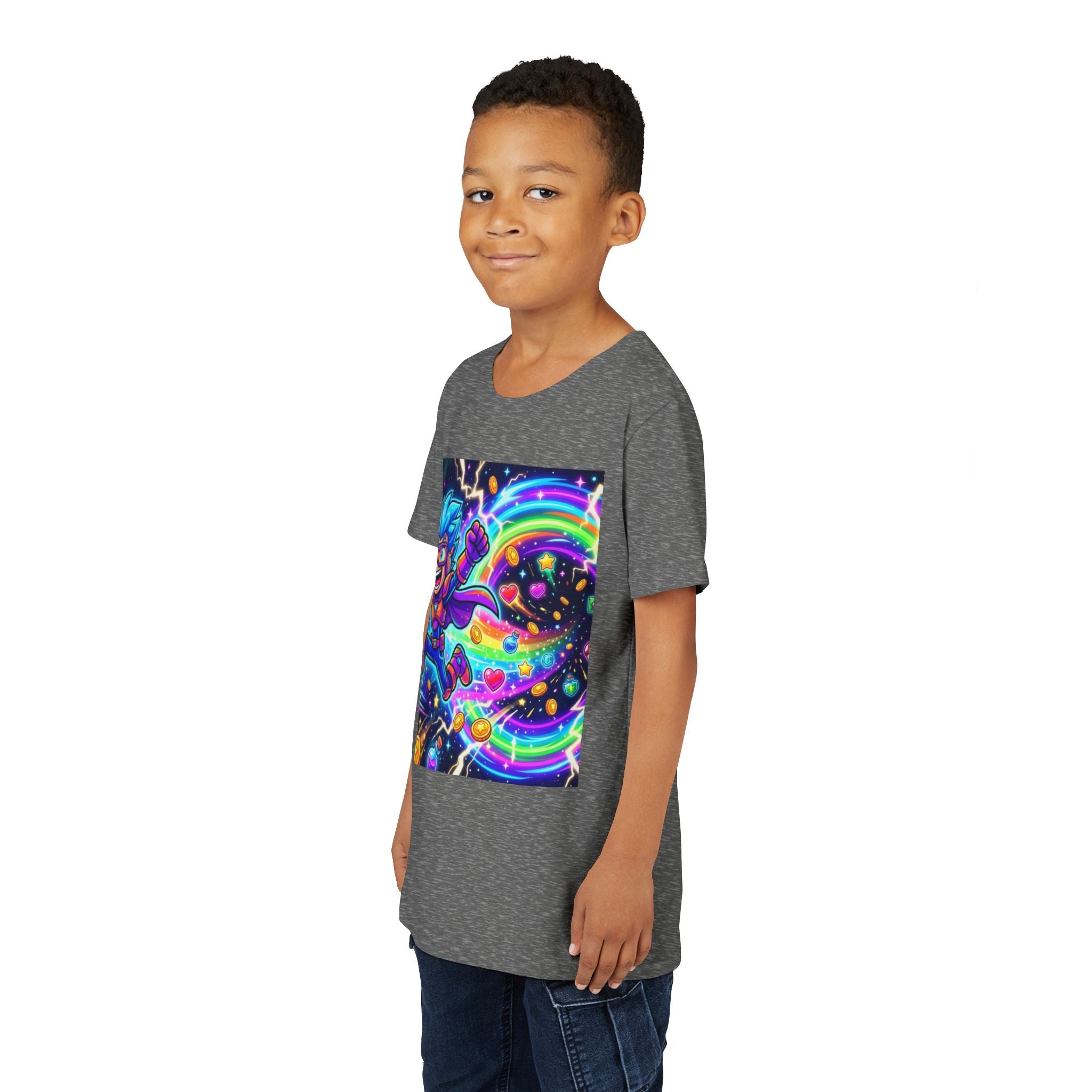 Retro Pixel Explosion Youth Tee — Smiling Avatar, Hearts, Gems & Controllers