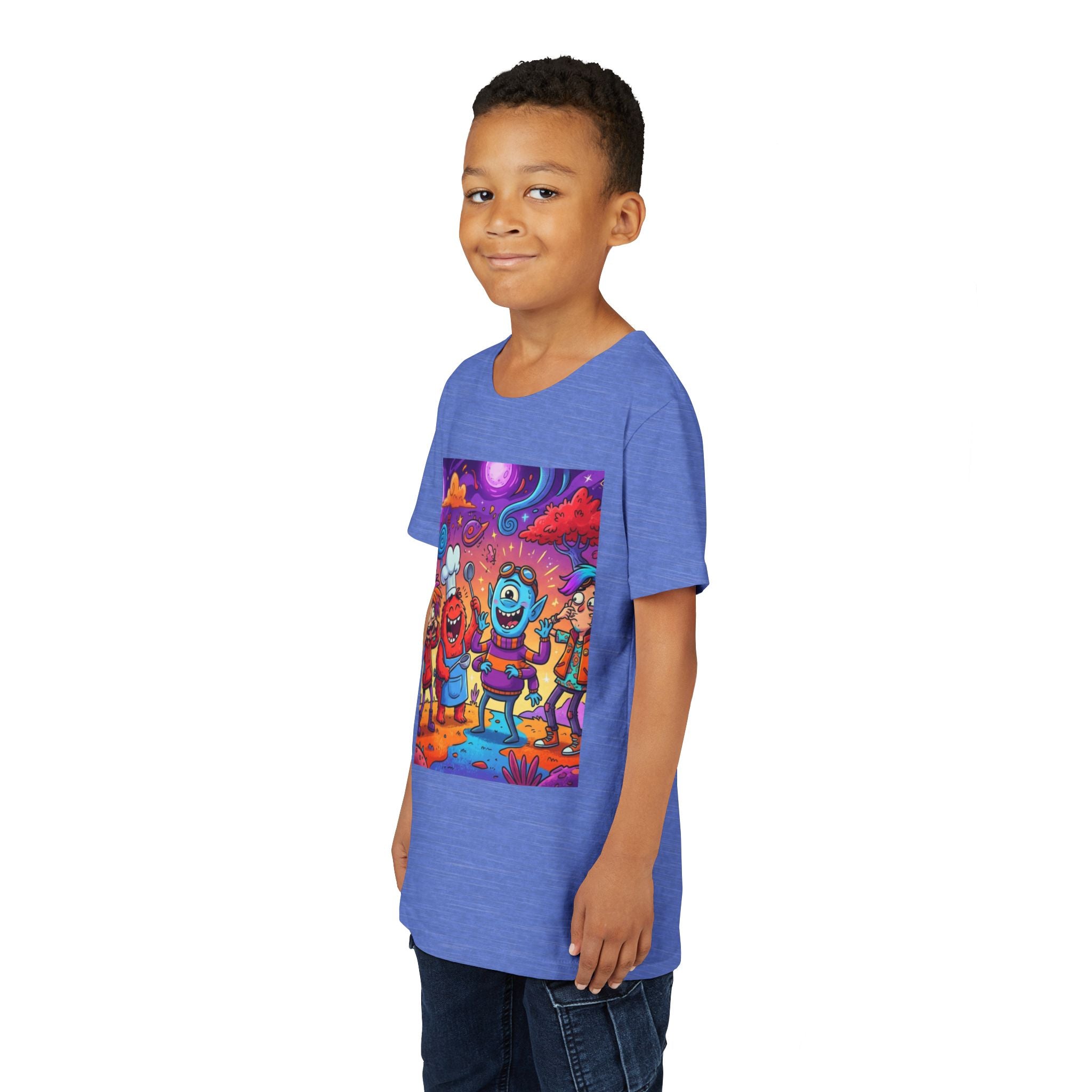Funny Character Crew Youth Tee — Colorful Crazy Faces Graphic