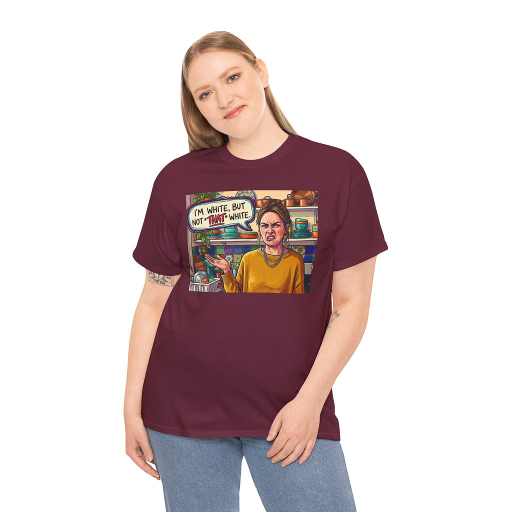 Graphic Tee — "I'm White, But Not THAT White" Illustration with Back Raised Fist Logo