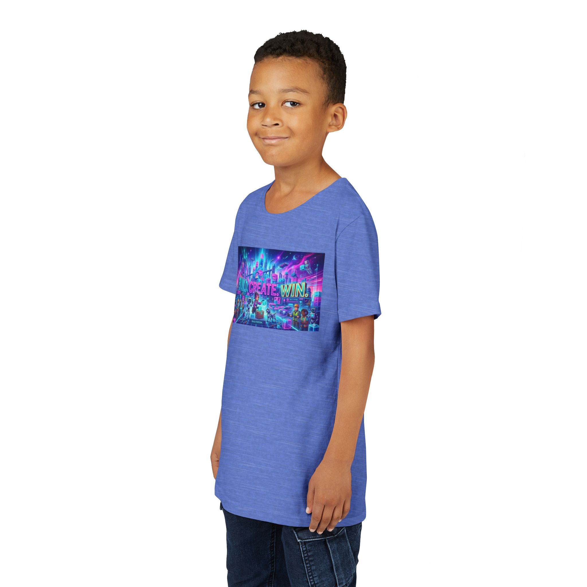 Youth Tee — “BUILD. CREATE. WIN.” Neon Builder City Design