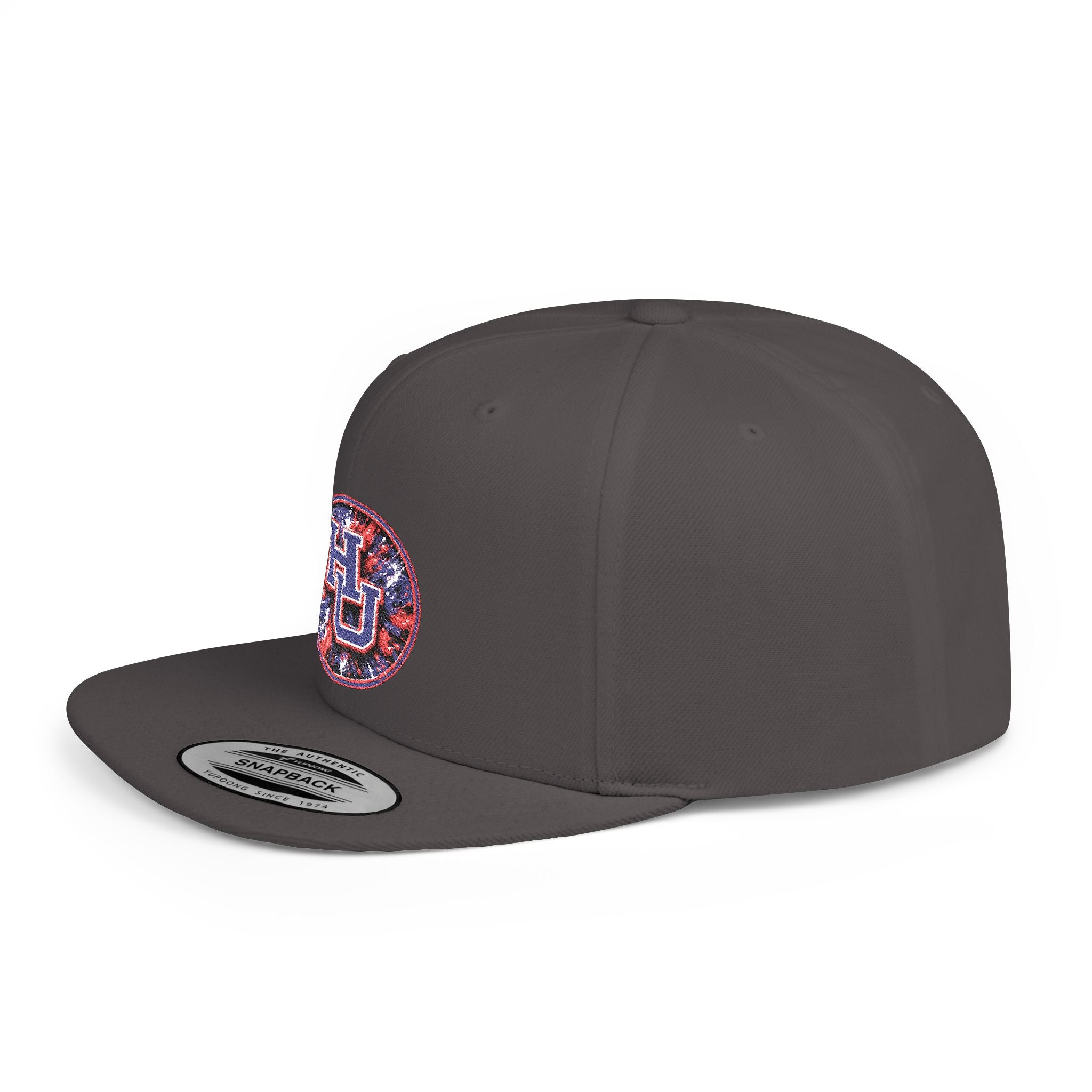 HU Logo Flat Bill Snapback Hat — Red & Blue Sequin Patch Cap