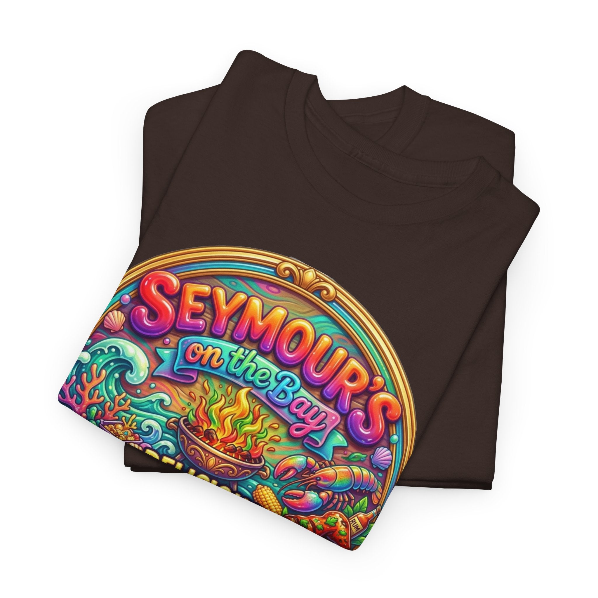 Caribbean BBQ & Seafood Tee — “Seymour’s” Vibrant Island Food Graphic T-Shirt