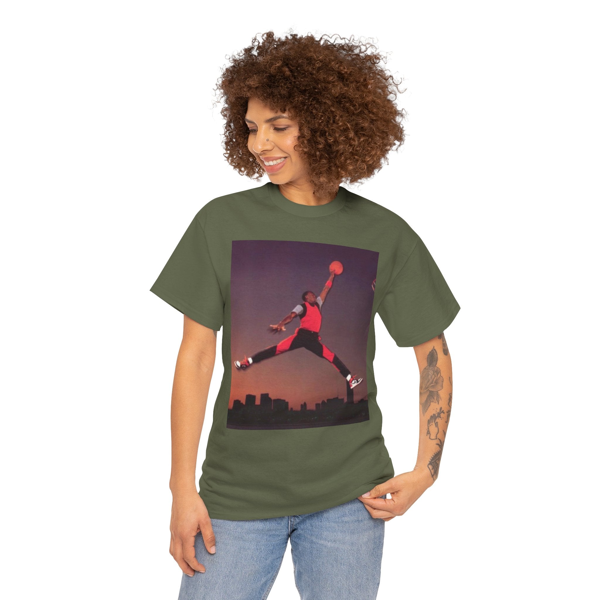 Basketball Jumpman Tee — Retro Skyline Graphic T-Shirt with Red Fist Back Emblem